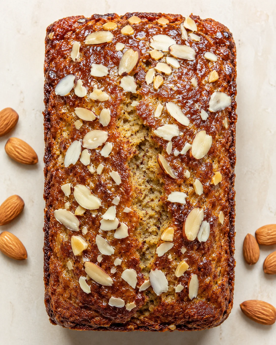 loaf of banana bread topped with almond slices on parchment, with whole almonds scattered nearby