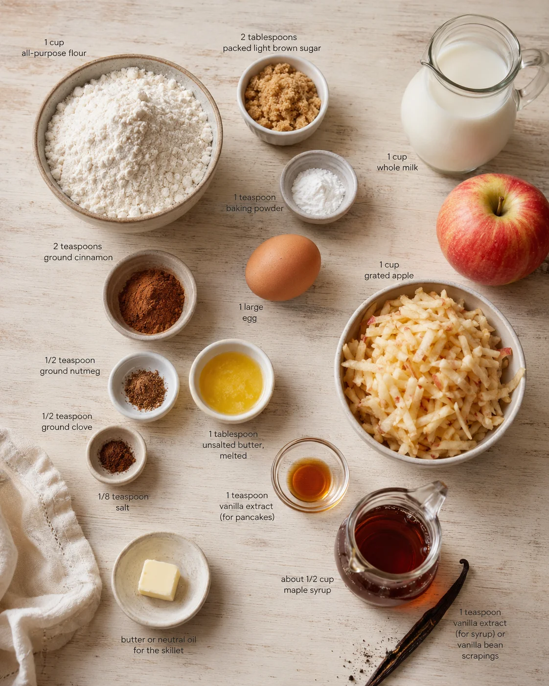 flat lay of pancake ingredients on a wooden surface: flour, grated apples, eggs, milk, spices, butter, and maple syrup.