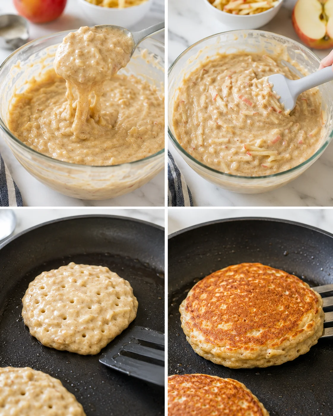Collage showing creamy batter with apple bits and pancakes cooking on a skillet.