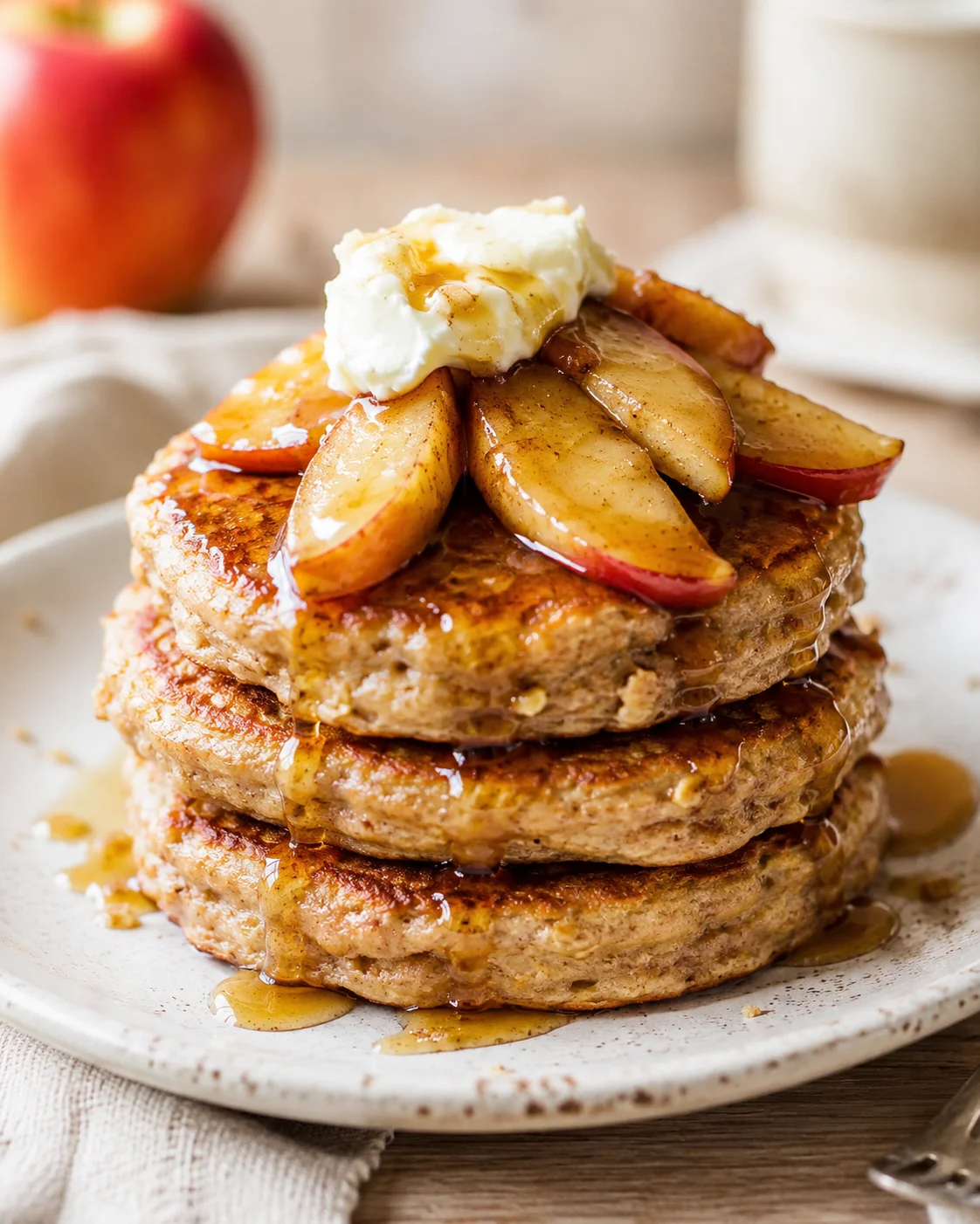 Tall stack of golden pancakes topped with caramelized apple slices, whipped cream, and maple syrup.