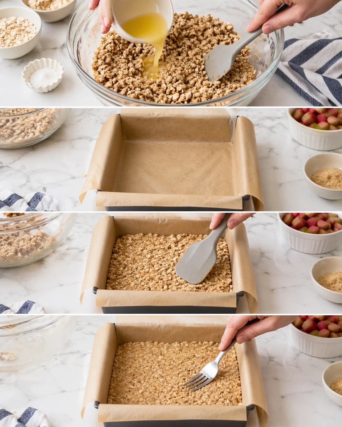 Hands pressing oat mixture into parchment-lined pan, fork poised to prick crust.