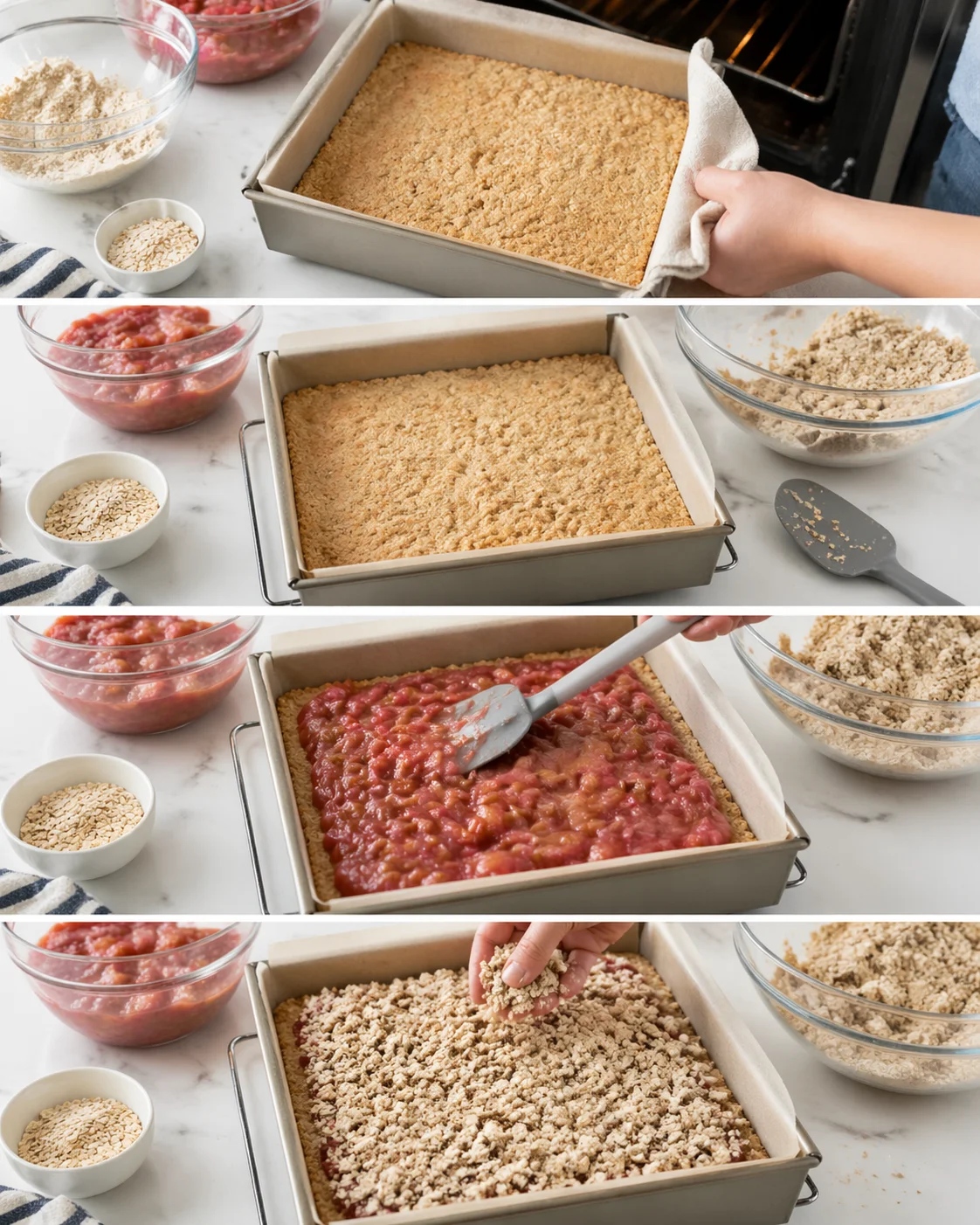 Spreading ruby rhubarb compote over golden baked crust, sprinkling oat crumble topping.