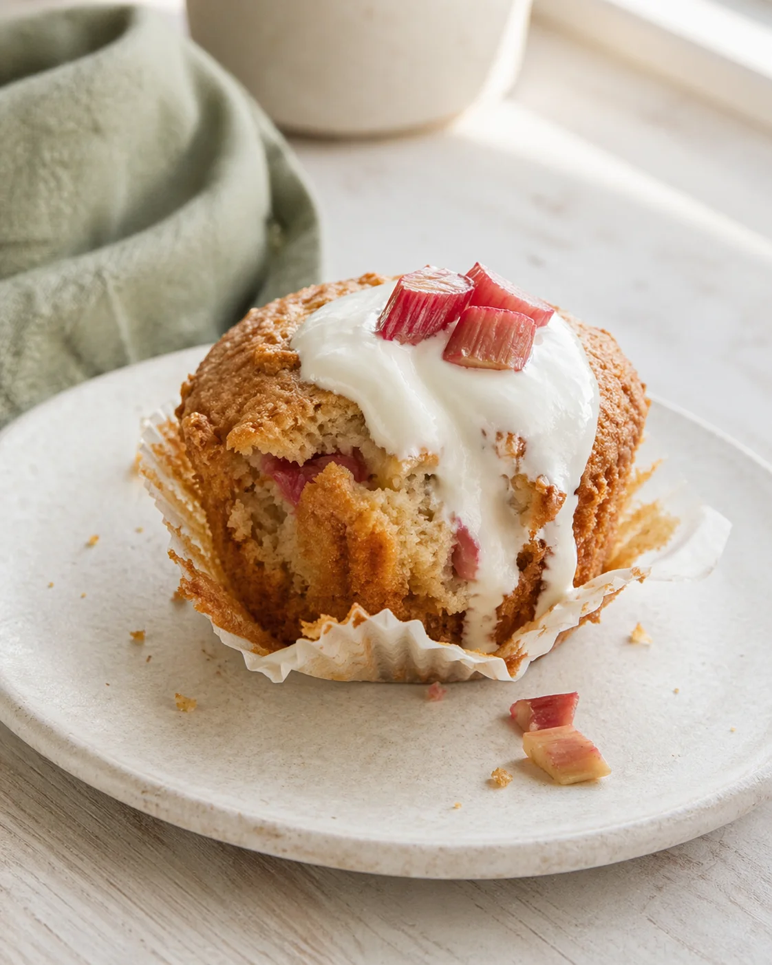 Single plated variation of Rhubarb Muffins with Yogurt shown in a natural kitchen scene
