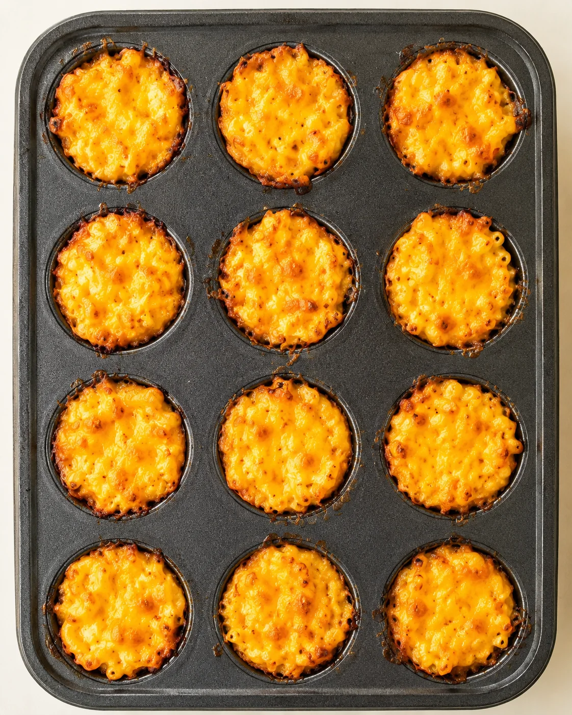 Top-down view of a muffin tin filled with twelve golden, cheesy muffins.