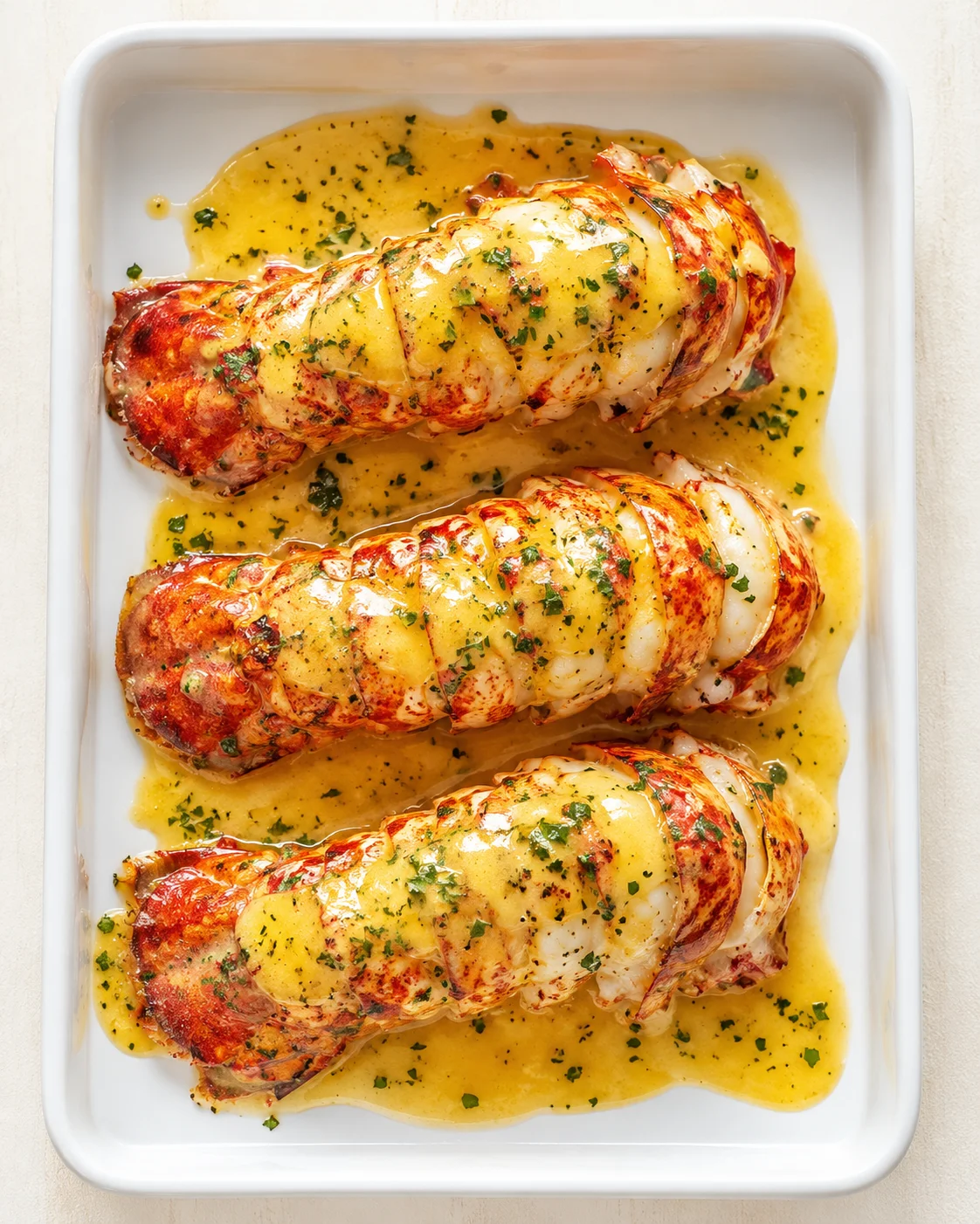 Three lobster tails baked in a white dish, coated in golden butter sauce with parsley.