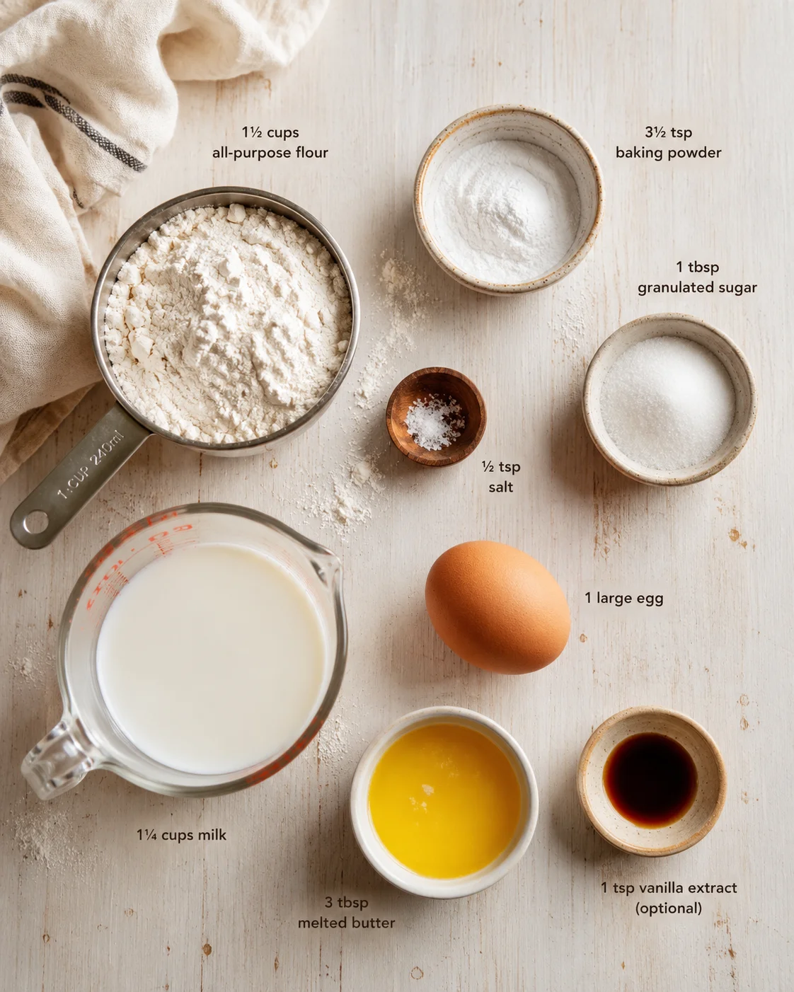 Top-down view of baking ingredients laid out on a light wood surface with labeled amounts.