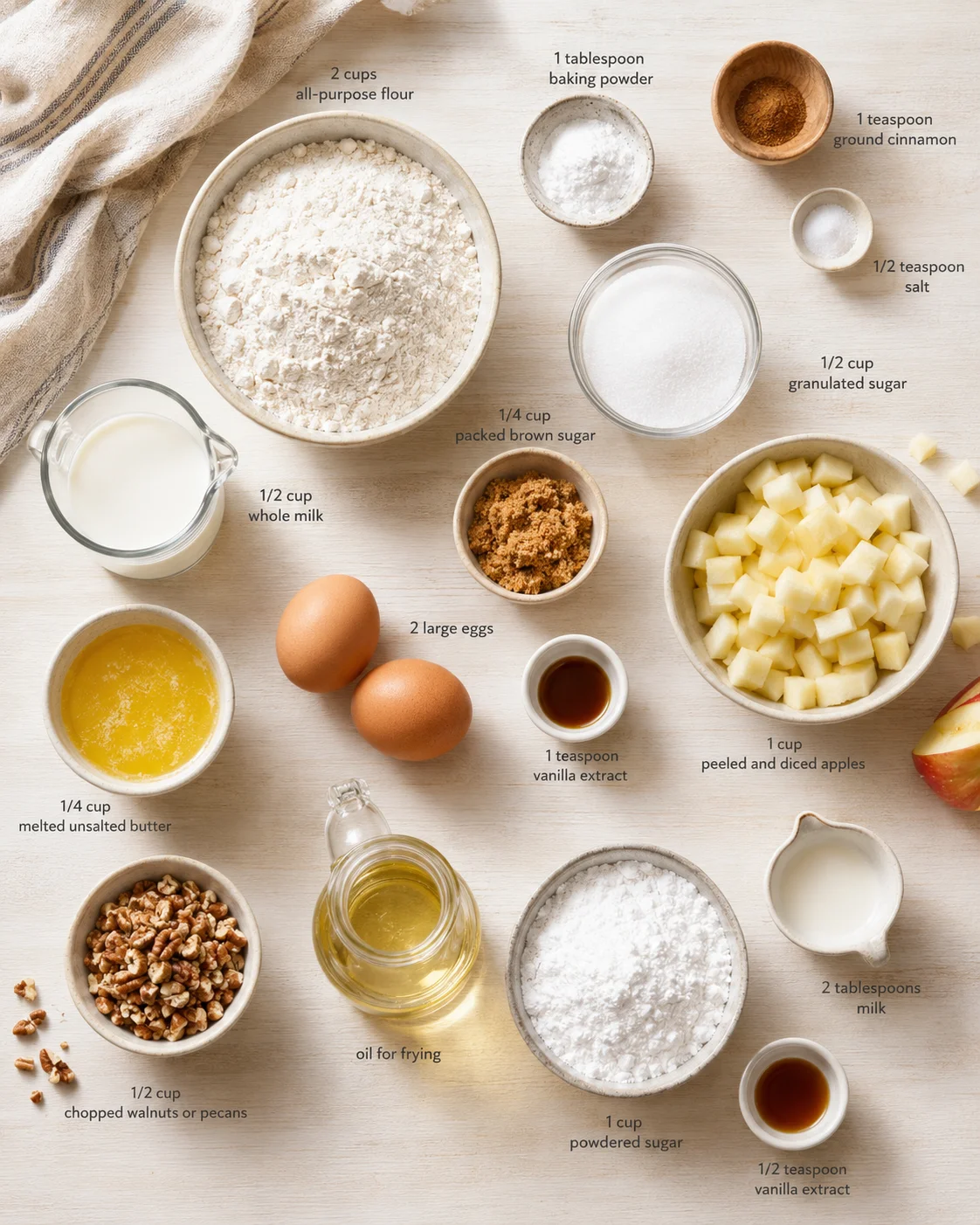 top-down view of baking ingredients laid out on a light wooden surface with labeled portions