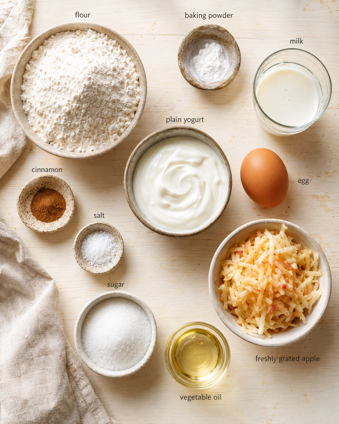 Overhead view of flour, yogurt, milk, apples, egg, and spices arranged on a light wooden surface.
