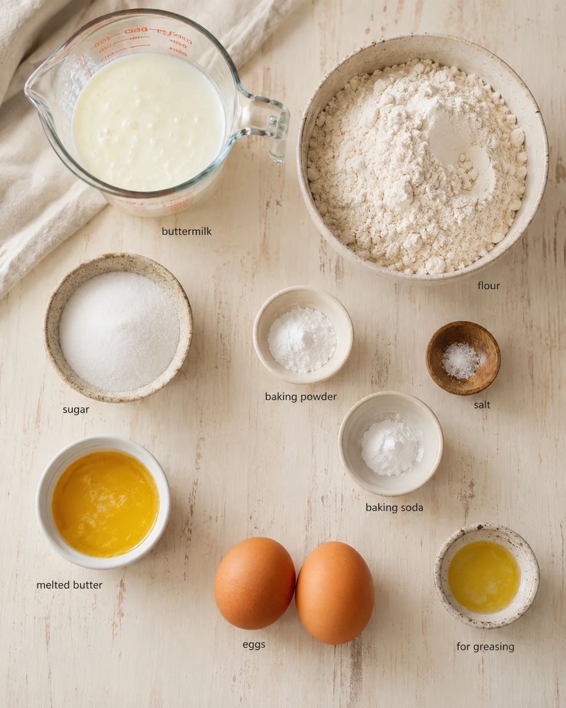 Overhead view of baking ingredients arranged on a wooden surface with labeled bowls.