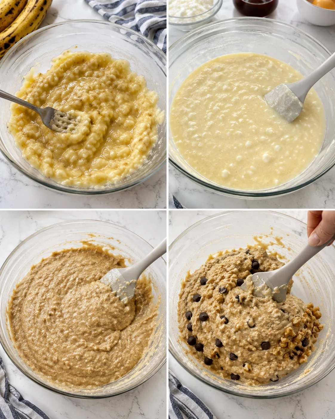 collage of four glass bowls showing banana-bread batter at different mixing stages, including chips and nuts.