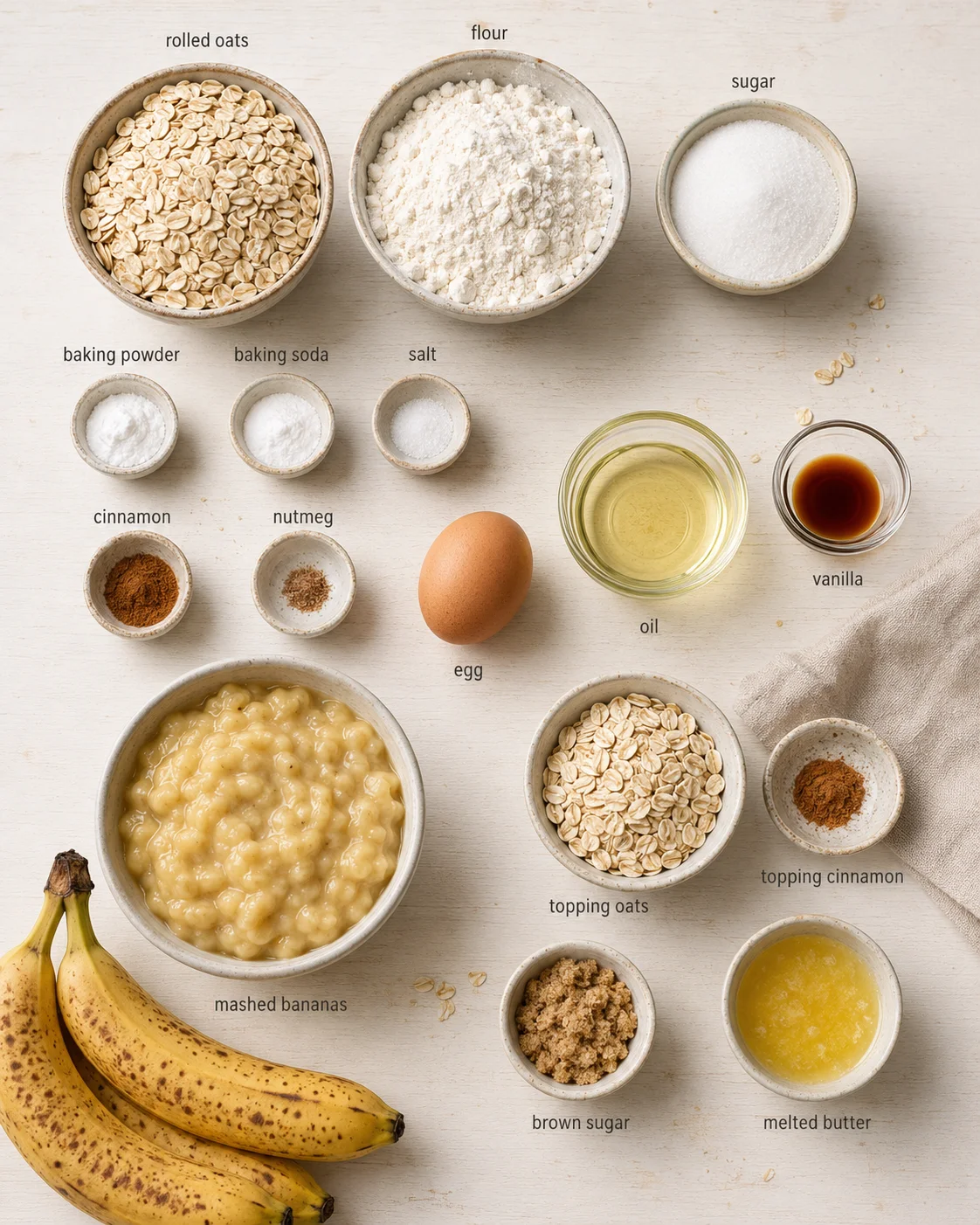 flat lay of banana bread ingredients in bowls on a light wooden surface with labeled items