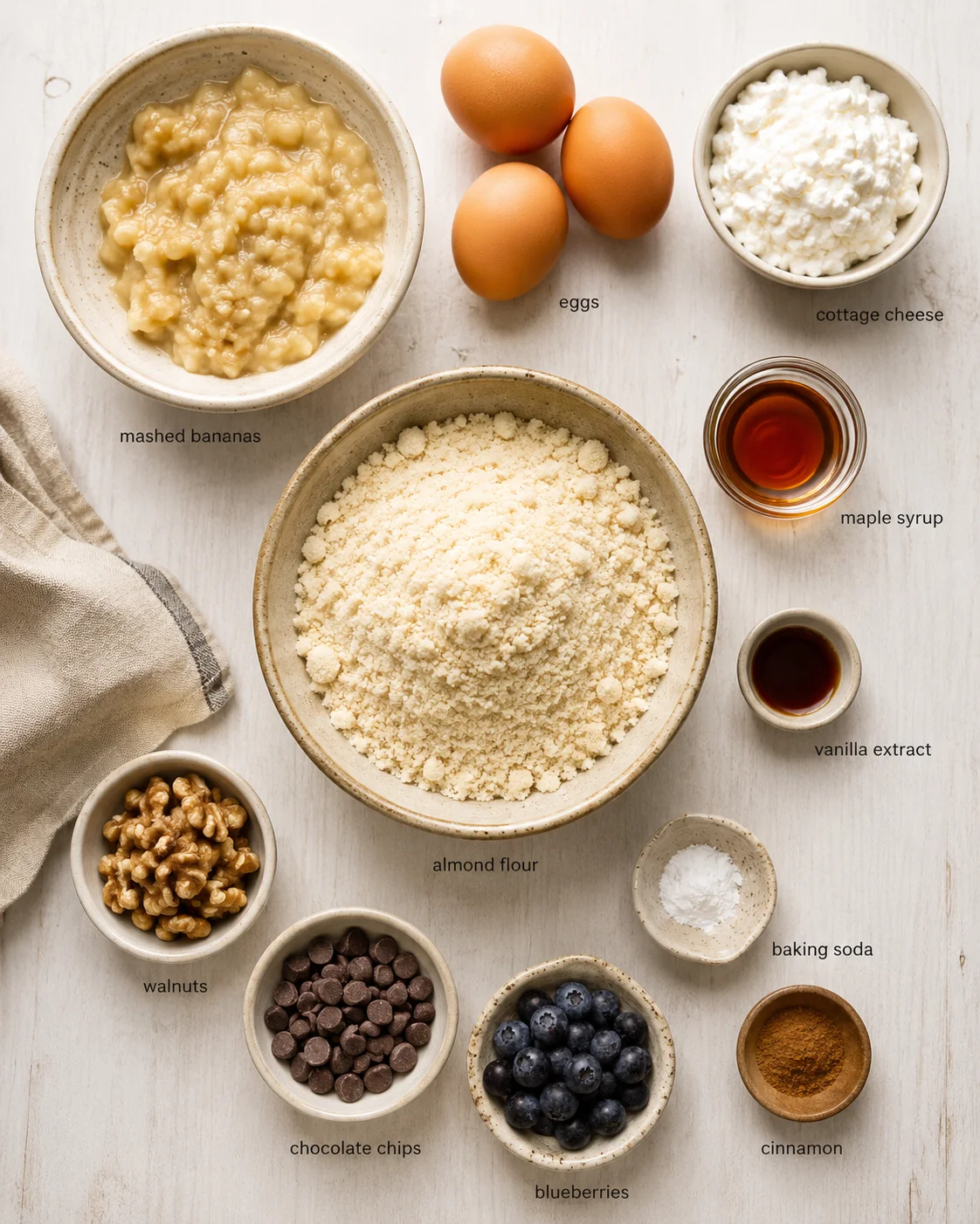 Top-down layout of baking ingredients on a light wood surface: eggs, mashed bananas, almond flour, cottage cheese, and toppings.