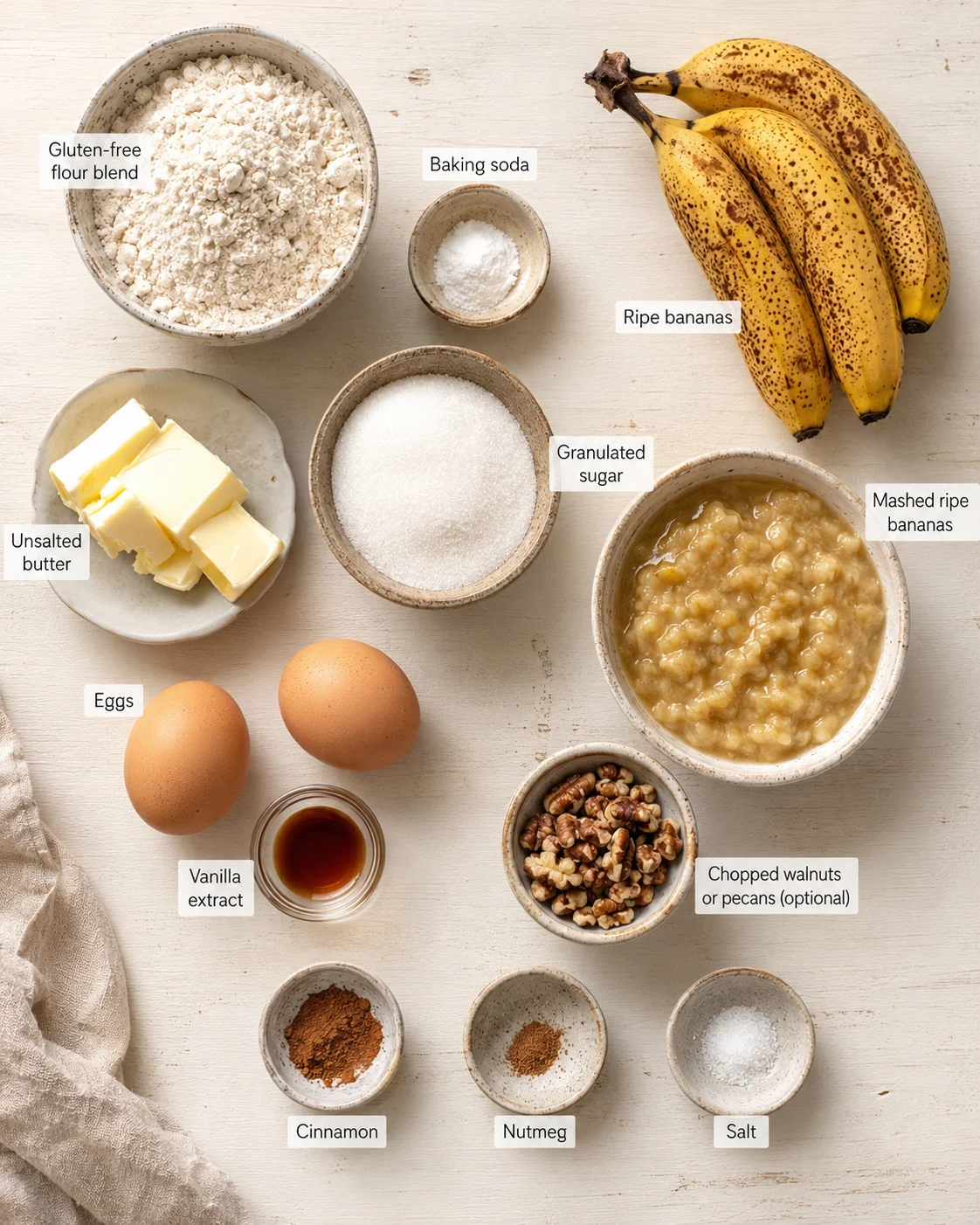Flat lay of banana bread ingredients including ripe bananas, flour, butter, eggs, sugar, spices, and nuts.