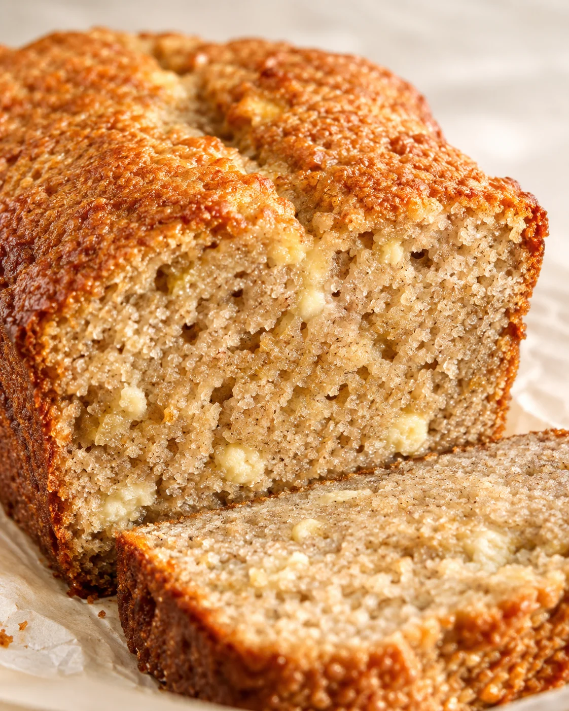 Close-up view of banana bread loaf with a golden crust and moist interior.