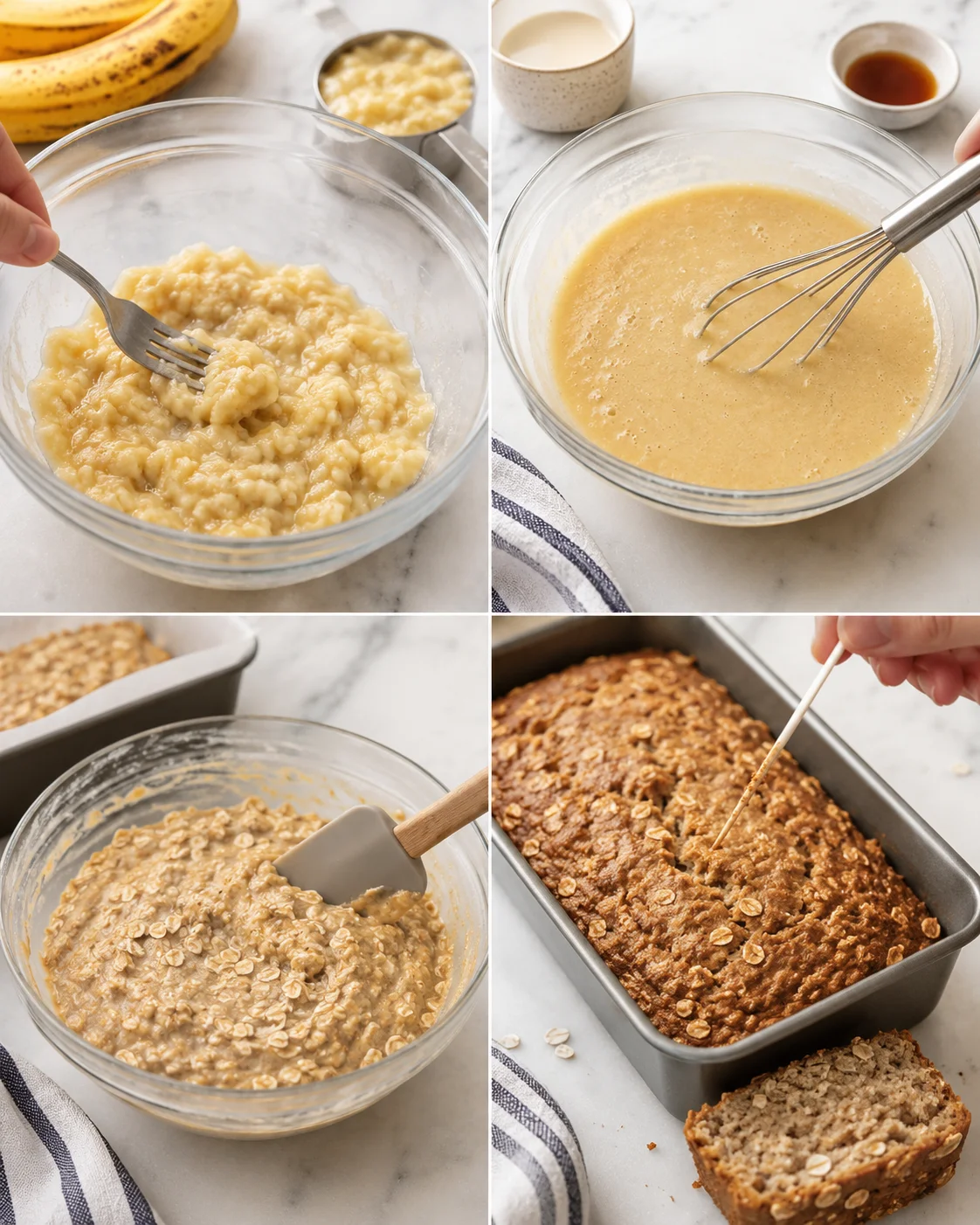 collage of banana bread making: mashed banana mixture, whisked batter, oats folded in batter, and an oat-topped loaf pan