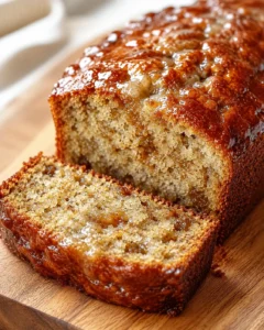 Golden banana bread loaf with glossy glaze, sliced on a wooden board.