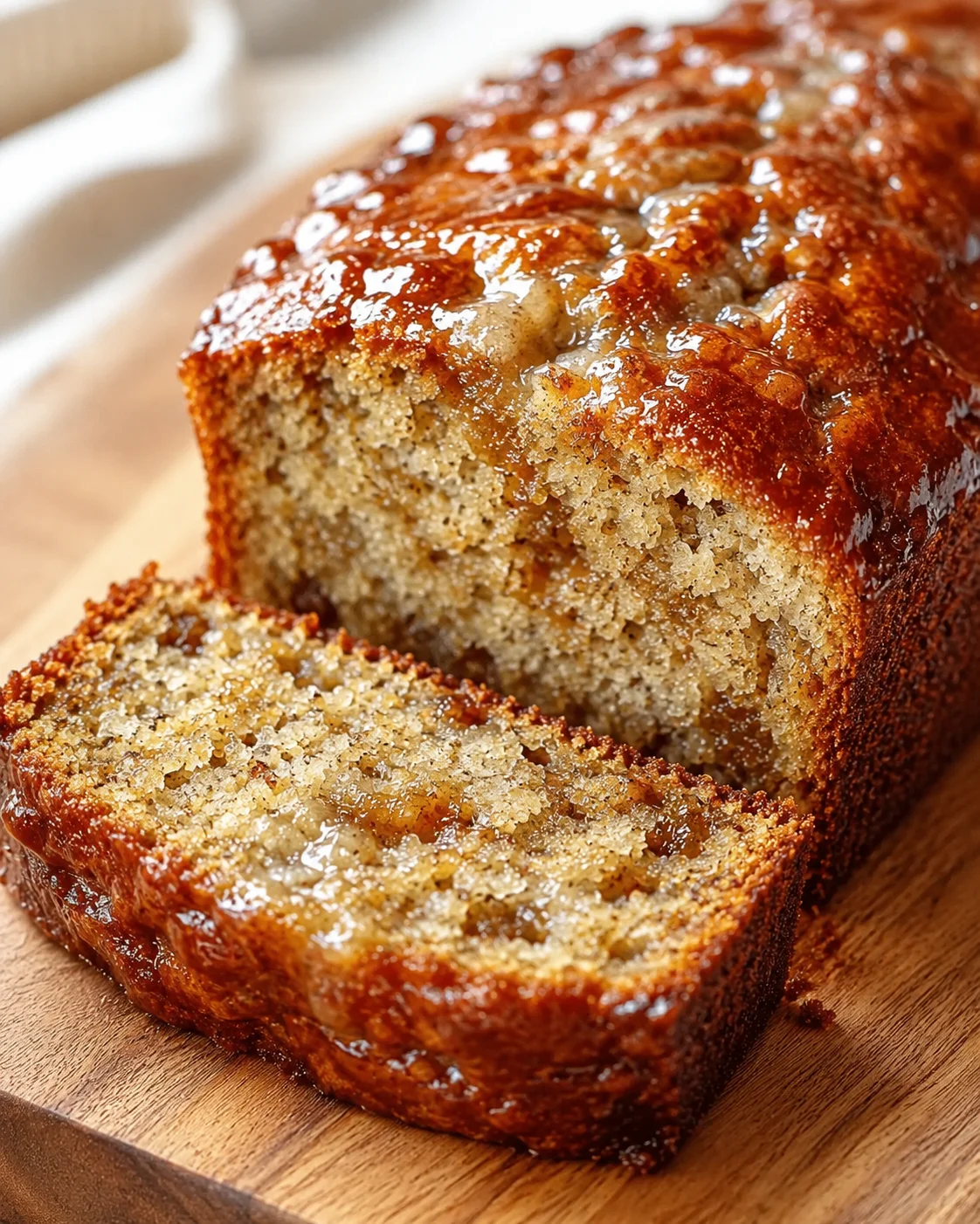 Golden banana bread loaf with glossy glaze, sliced on a wooden board.