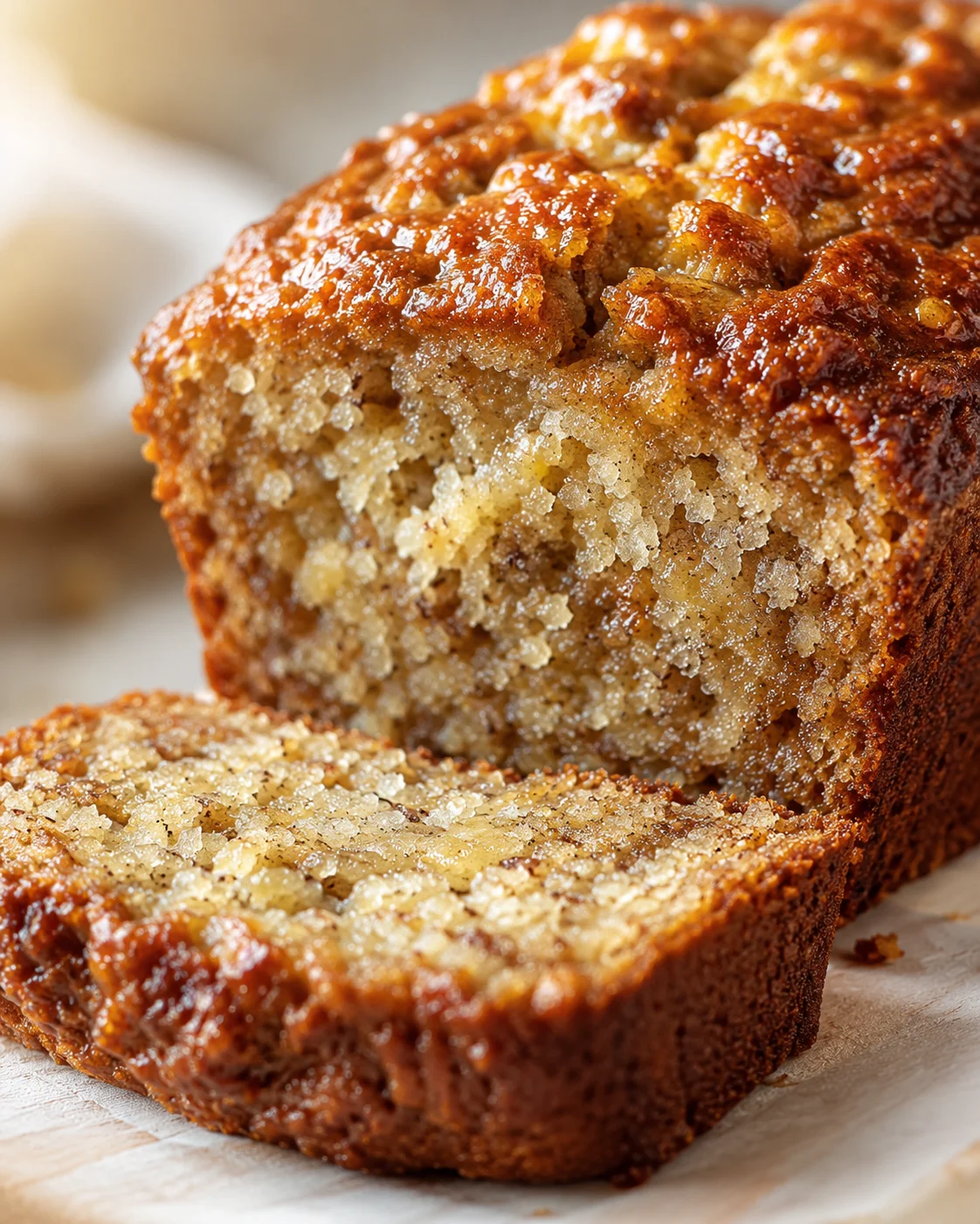 close-up of banana bread slice with caramelized sugar crust and moist crumb