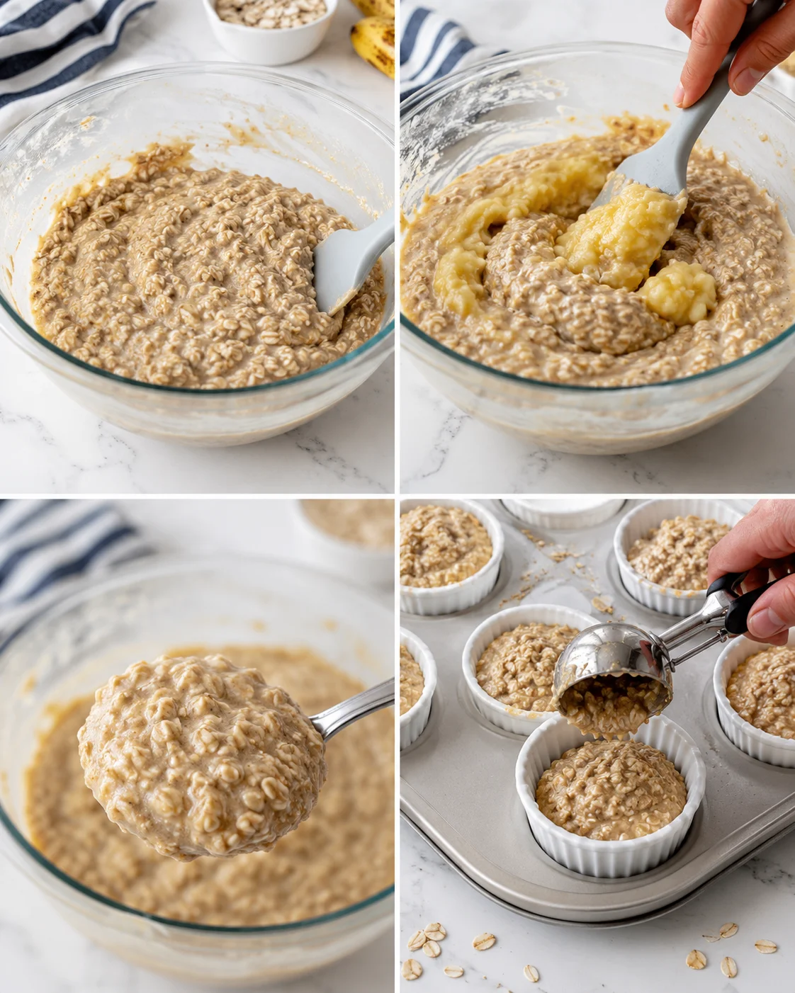 Collage of oat-banana muffin batter in glass bowl, stirring, and batter-filled muffin cups