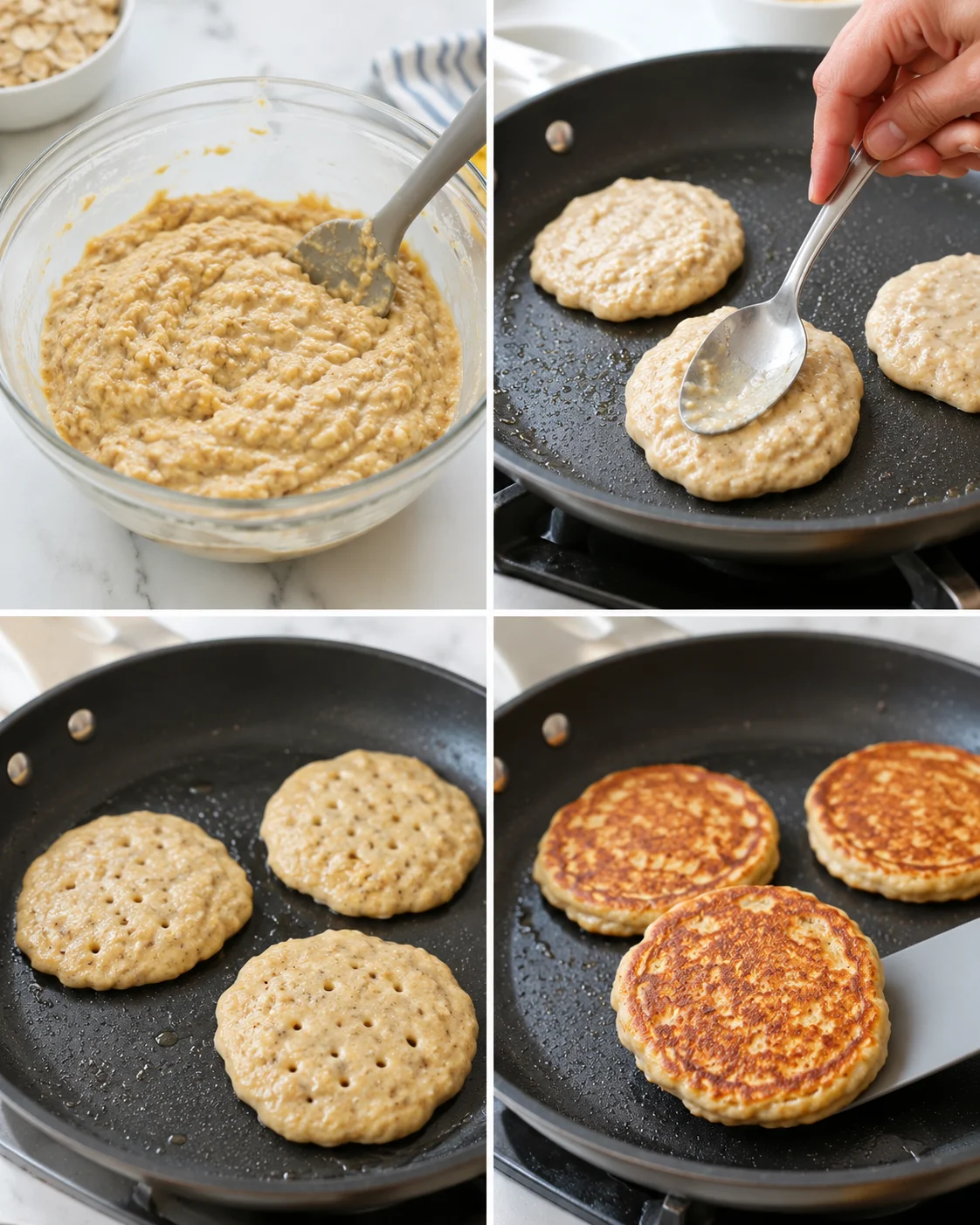 Collage showing batter in a glass bowl, batter being spooned onto a skillet, and golden brown pancakes cooking.