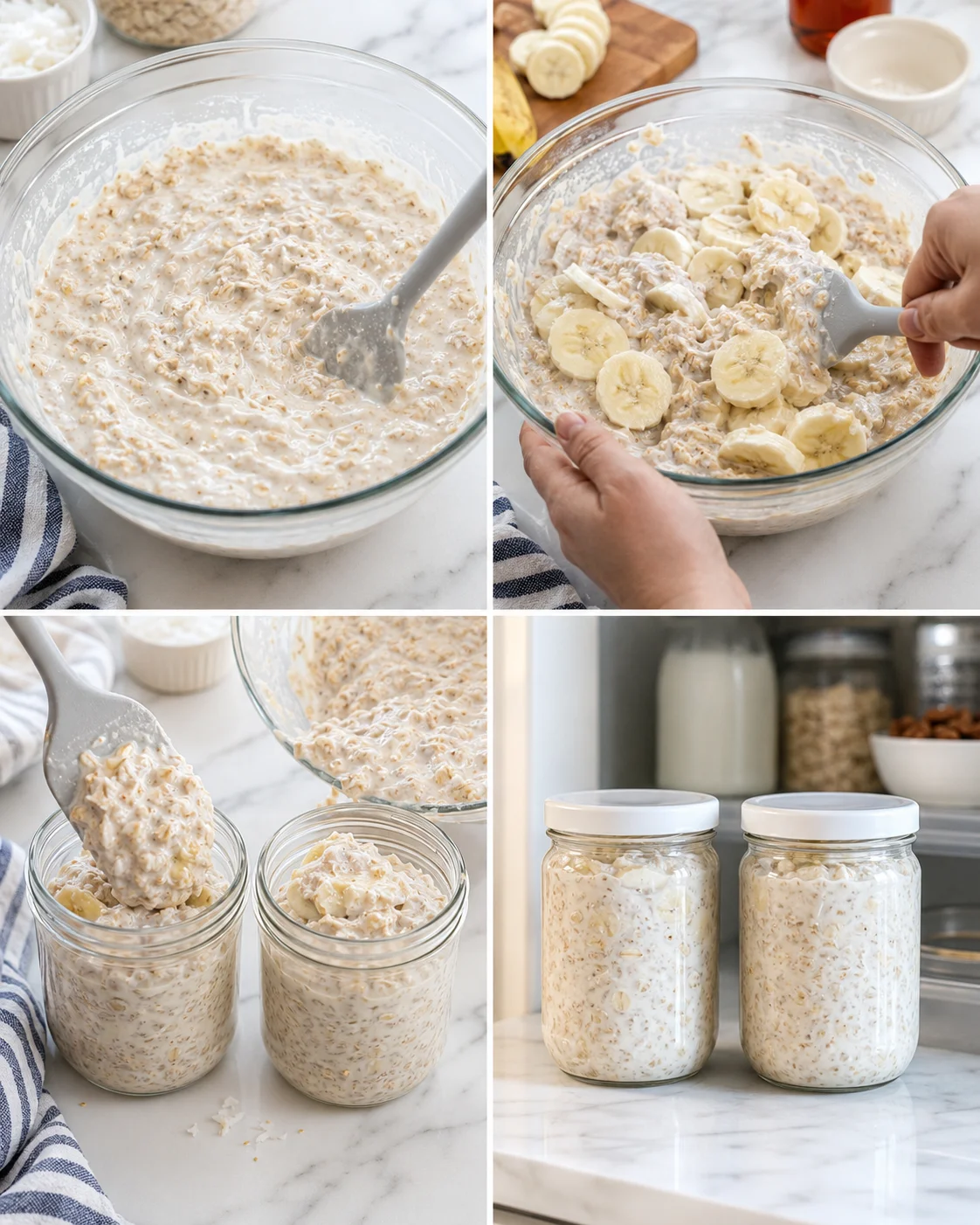 Collage showing banana oatmeal breakfast prep: mixing in bowls, adding sliced bananas, spooning into jars.