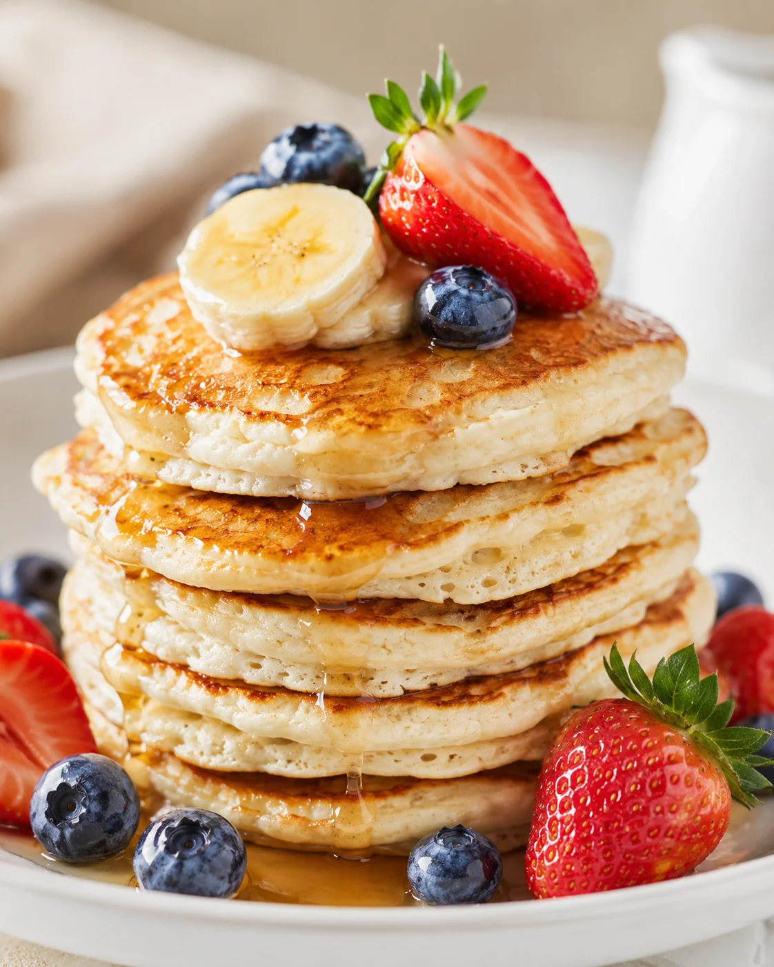 Stack of golden pancakes topped with banana slices, strawberry, and blueberries with syrup.