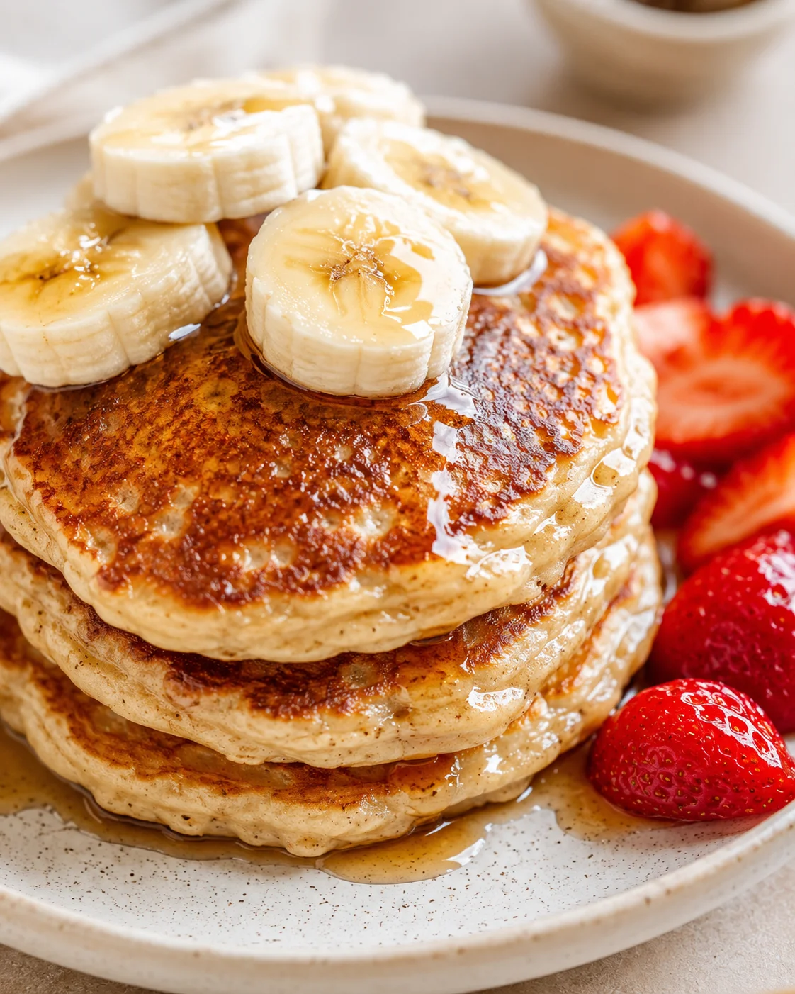 Stack of golden pancakes topped with banana slices and syrup, with strawberries on the side.