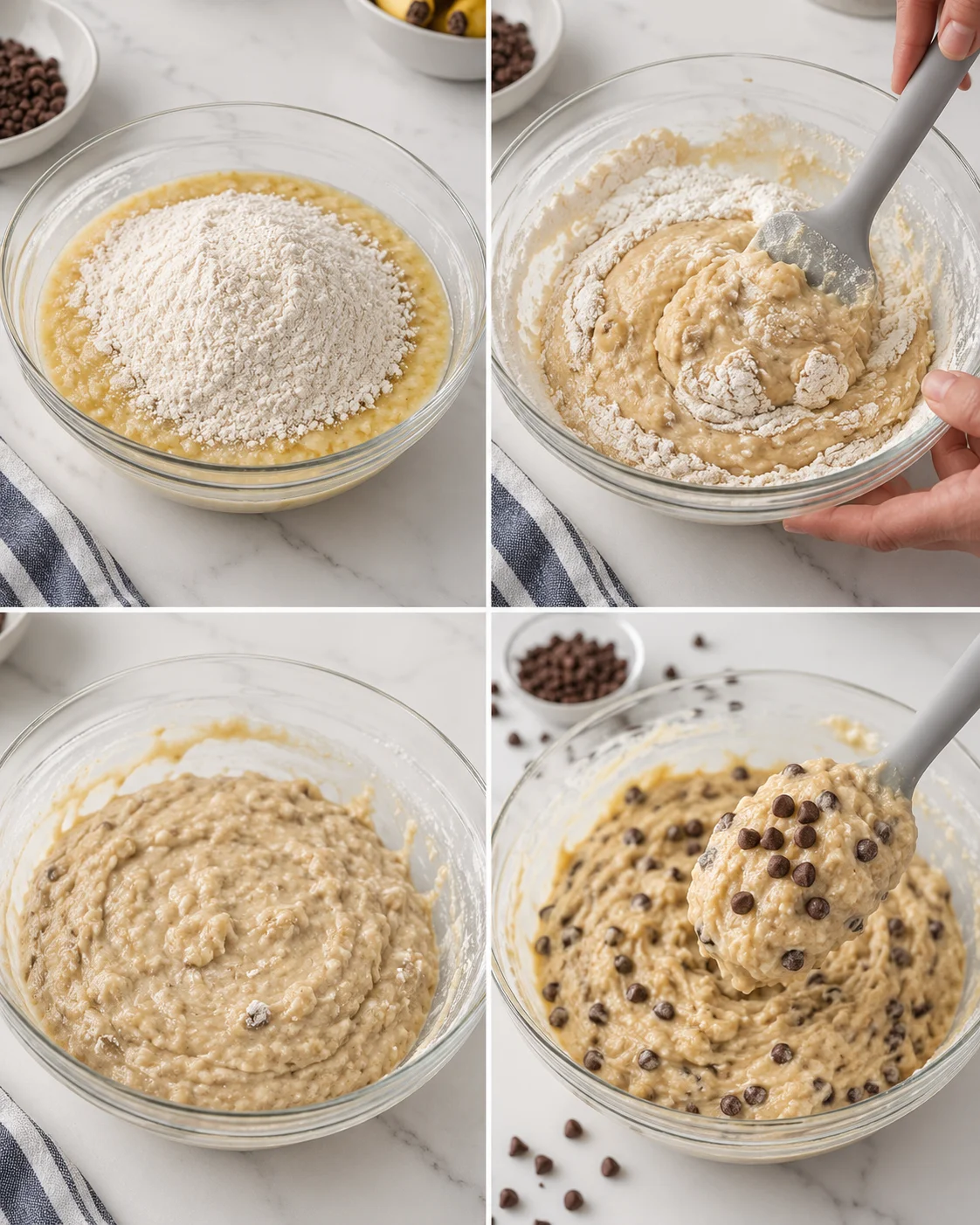 four-panel collage shows batter being mixed with flour and chocolate chips in a glass bowl on a marble countertop.