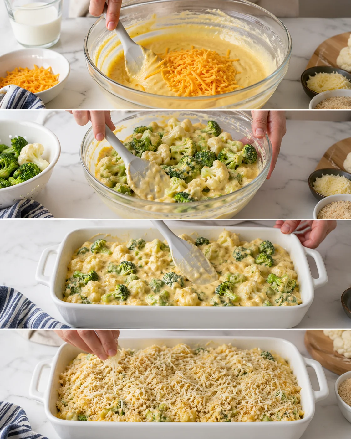 Broccoli and cauliflower tossed in glossy cheddar sauce spread in baking dish, topped with Parmesan and breadcrumbs