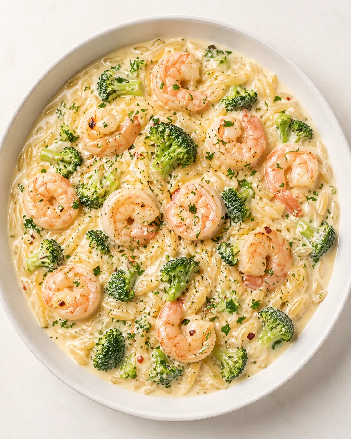 Straight-down overhead view of Creamy Orzo Shrimp Broccoli A Delightful Dinner Recipe! - Dishes Tasty | Easy & Delicious Recipes