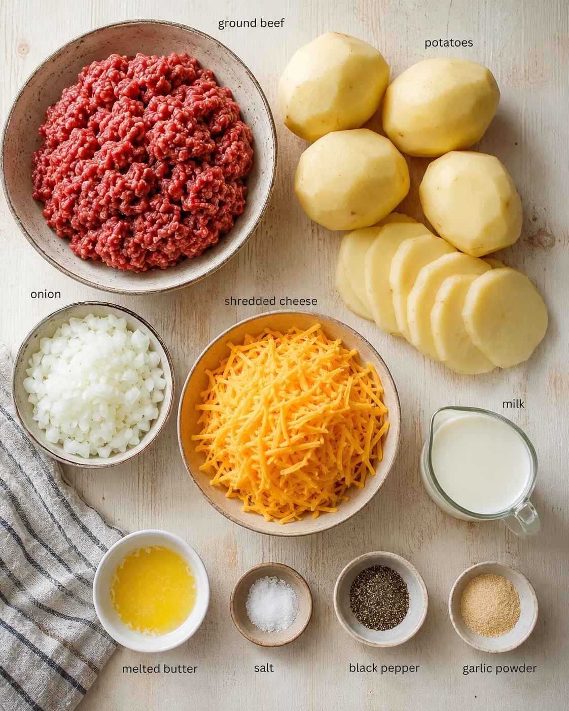 Top-down shot of ground beef, potatoes, onion, shredded cheese, milk, and condiments arranged on a light wood surface.