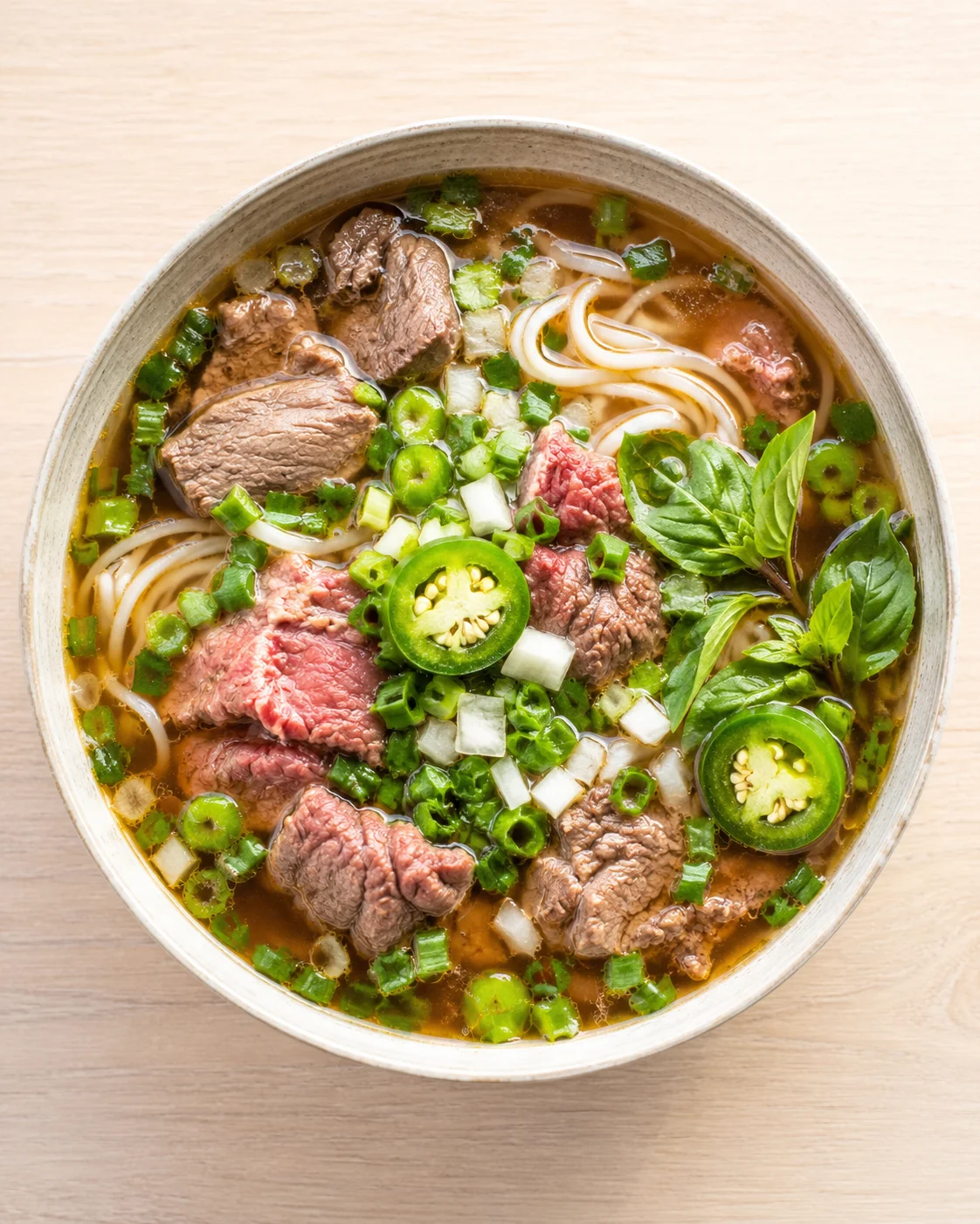 Top-down view of beef noodle soup in a ceramic bowl garnished with jalapeño, green onions, and basil.