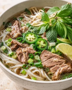 Beef pho with noodles, sliced beef, fresh herbs, lime, and jalapeño in a bowl.