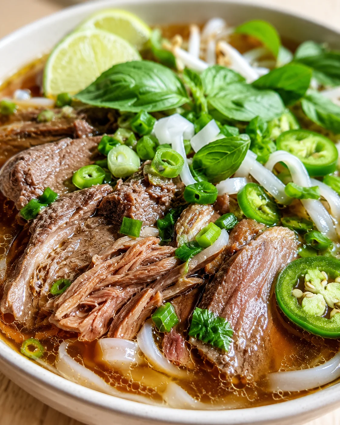 Beef pho with sliced beef, rice noodles, lime, basil, and jalapeños.
