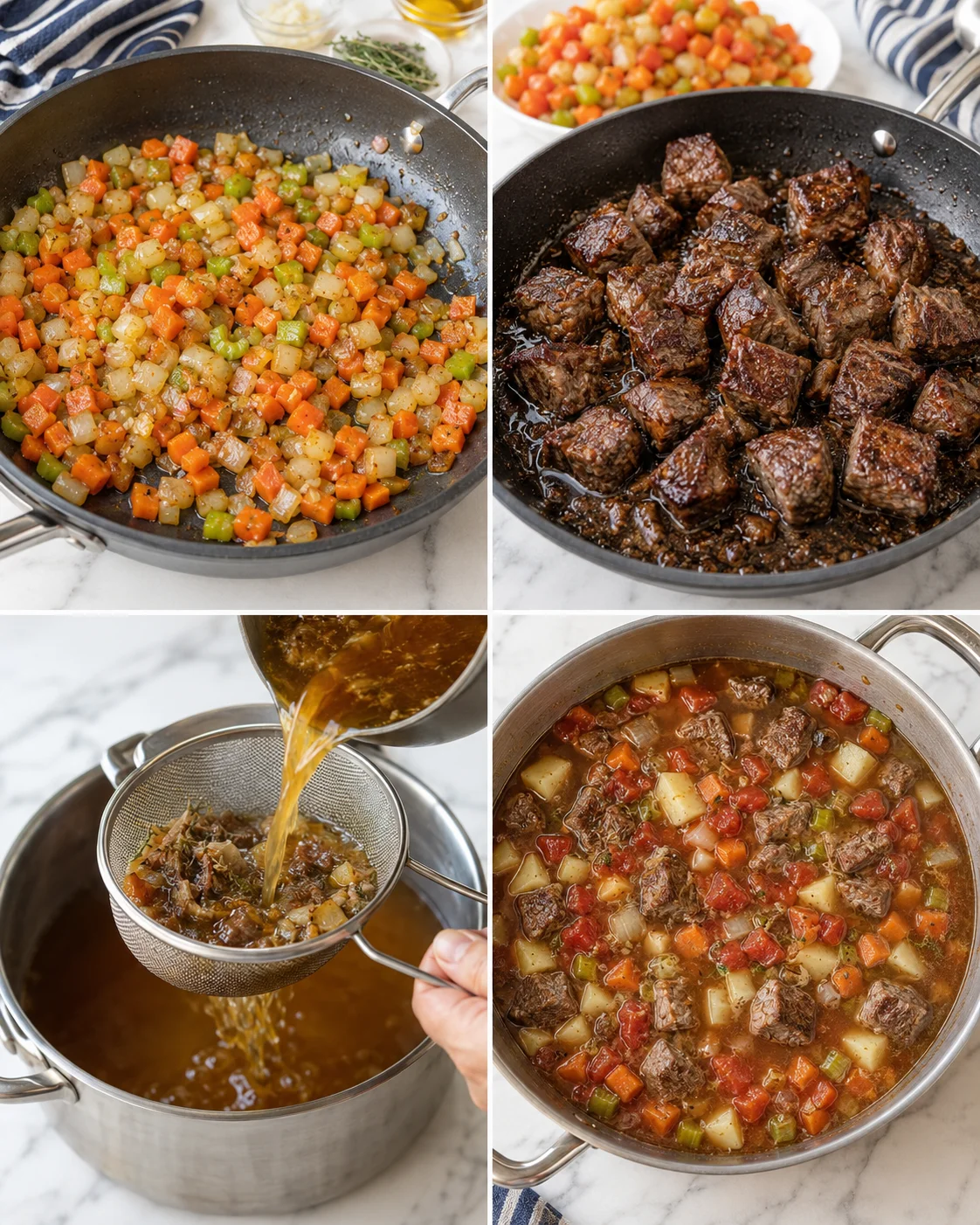 collage of diced vegetables, browned beef, strained broth being added, and simmering beef stew in a pot