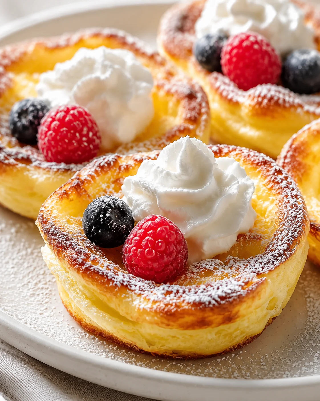 Close-up of berry-topped Danish pastries with whipped cream centers, raspberries and blueberries, and a dusting of powdered sugar.