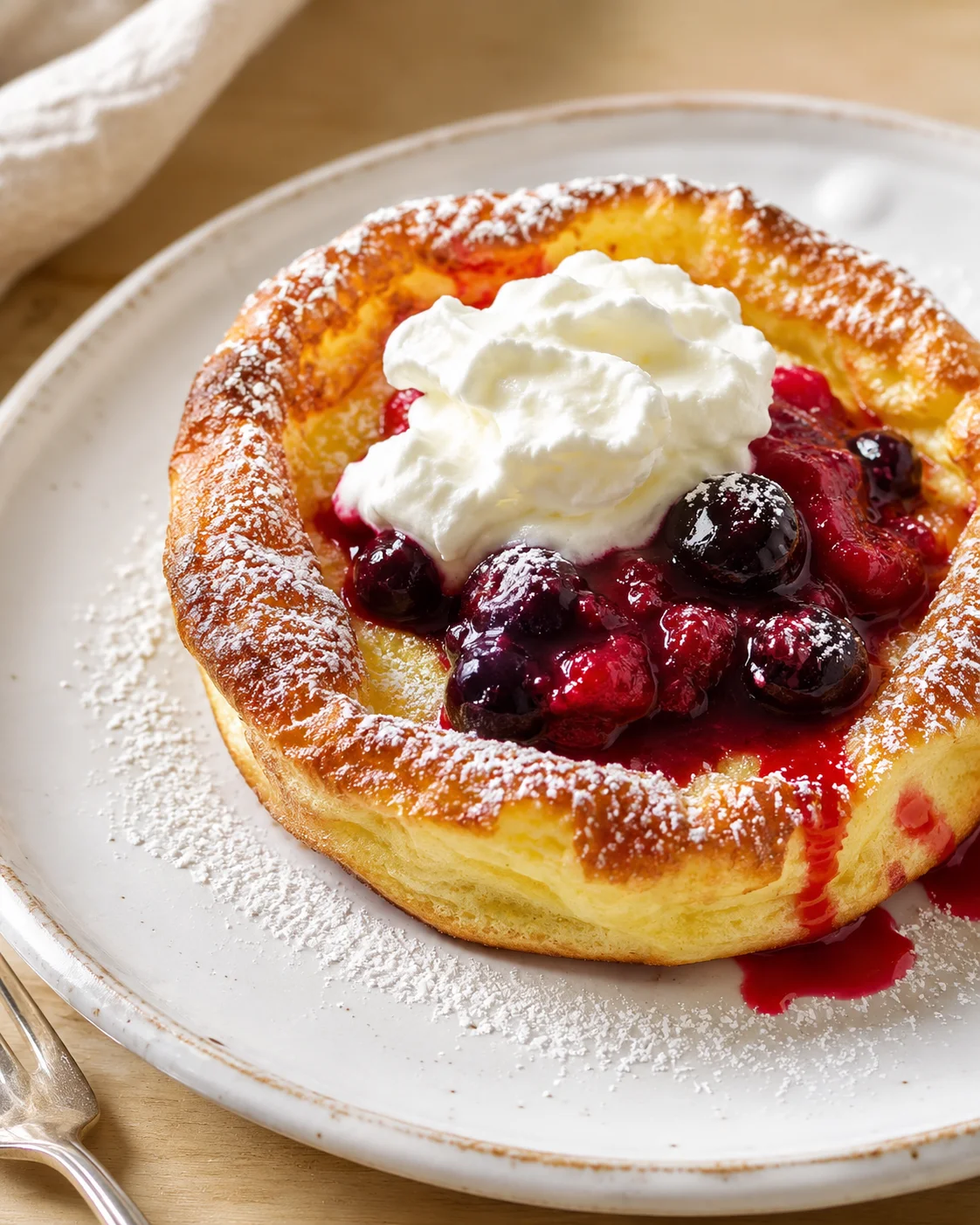 golden dutch baby pancake with berry compote and whipped cream on a plate