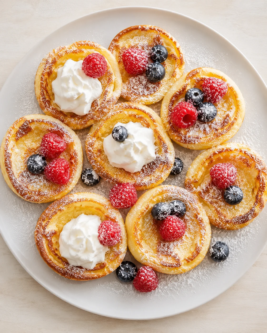 Plate of berry-topped mini pancakes with whipped cream and powdered sugar.