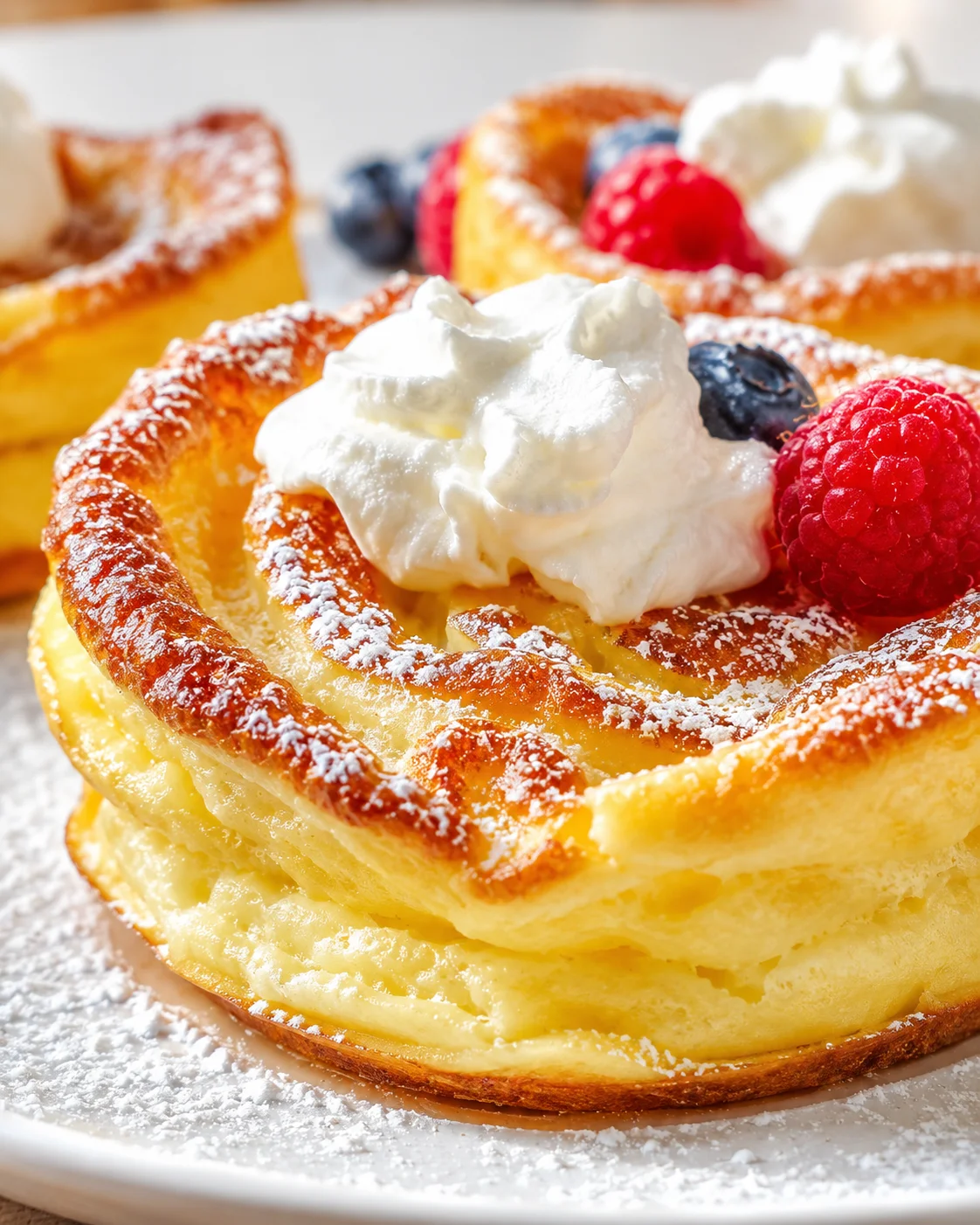Close-up of a fluffy pancake stack topped with whipped cream and fresh berries.