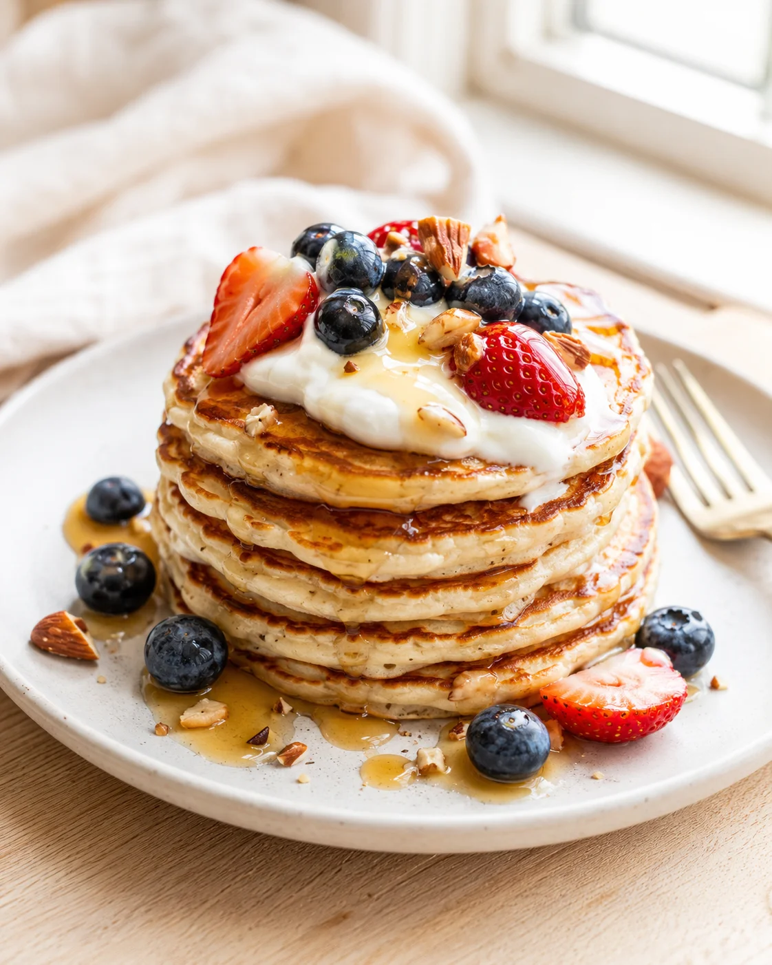Stack of fluffy pancakes topped with yogurt, syrup, berries, and almonds on a white plate by a window.