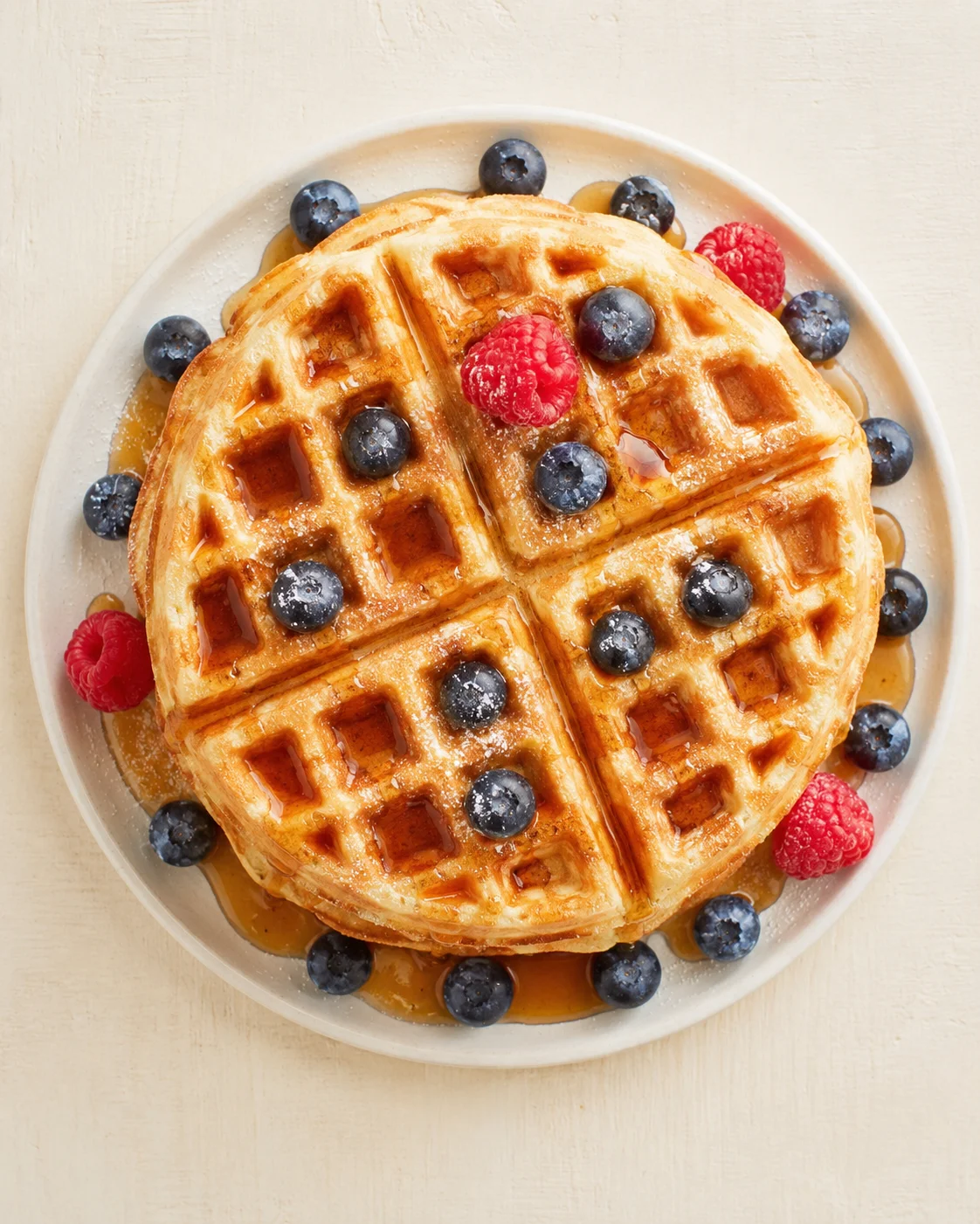 A round waffle cake topped with blueberries and raspberries on a white plate with syrup.