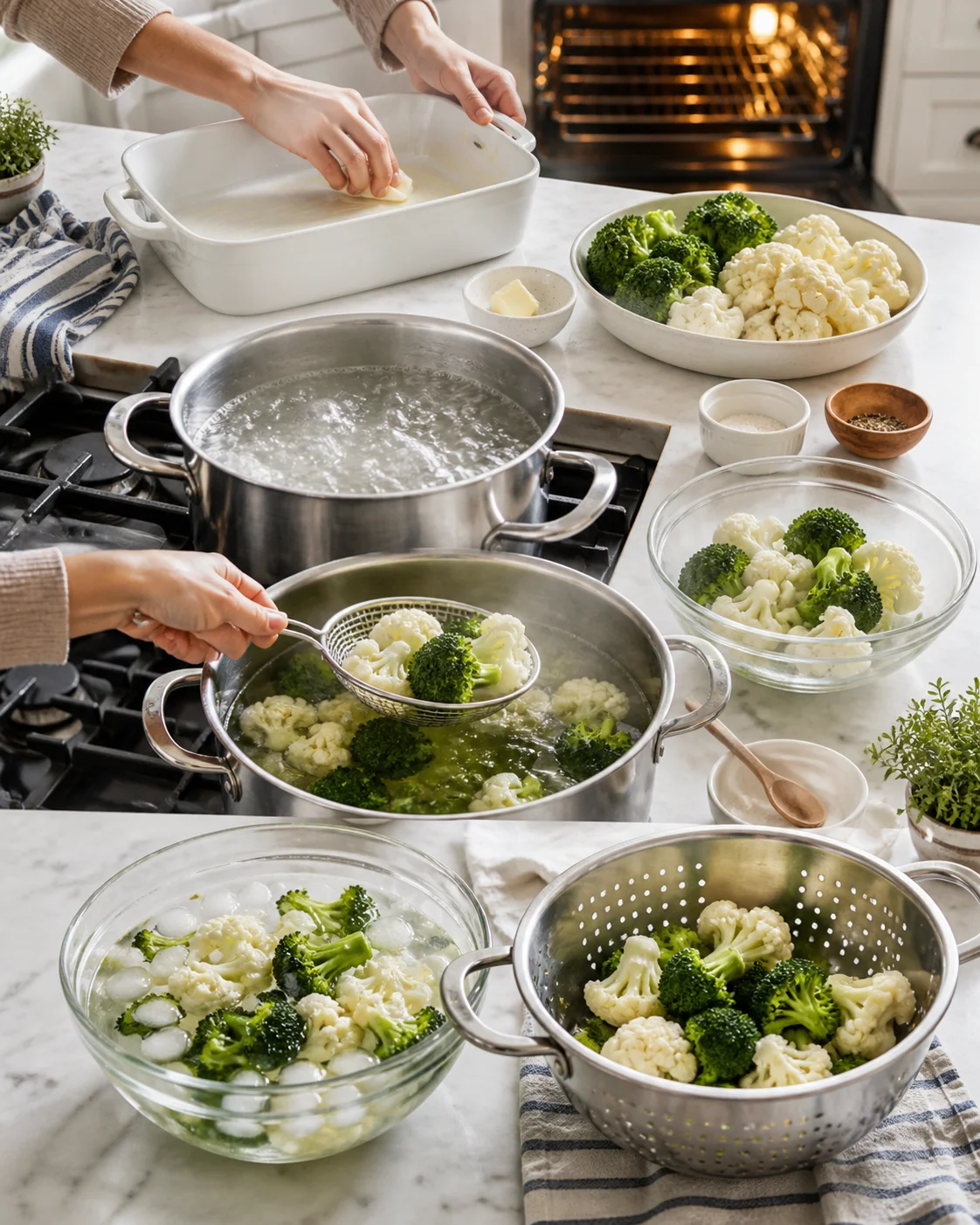 Hands lifting cauliflower florets from boiling water into a strainer beside bowls of broccoli