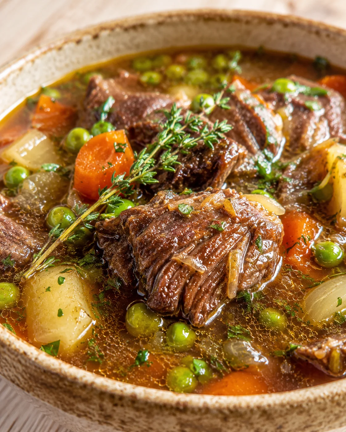 Close-up of braised beef stew with carrots, potatoes, peas, and thyme in a rich broth.