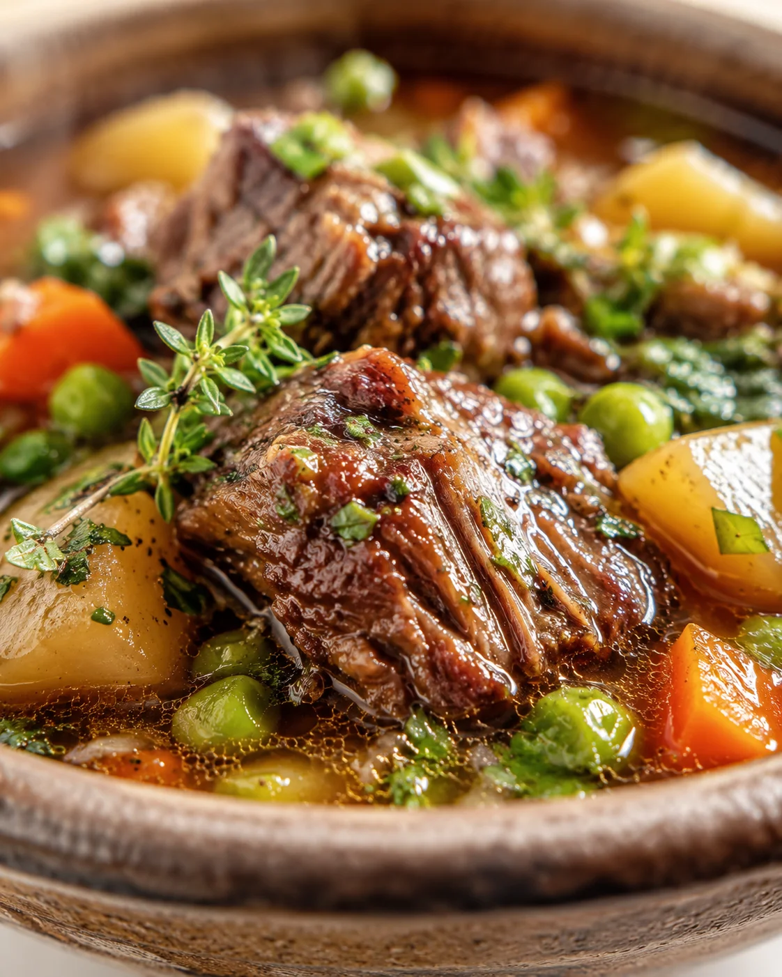 close-up of braised lamb in rich gravy with potatoes, carrots, peas in a rustic brown pot