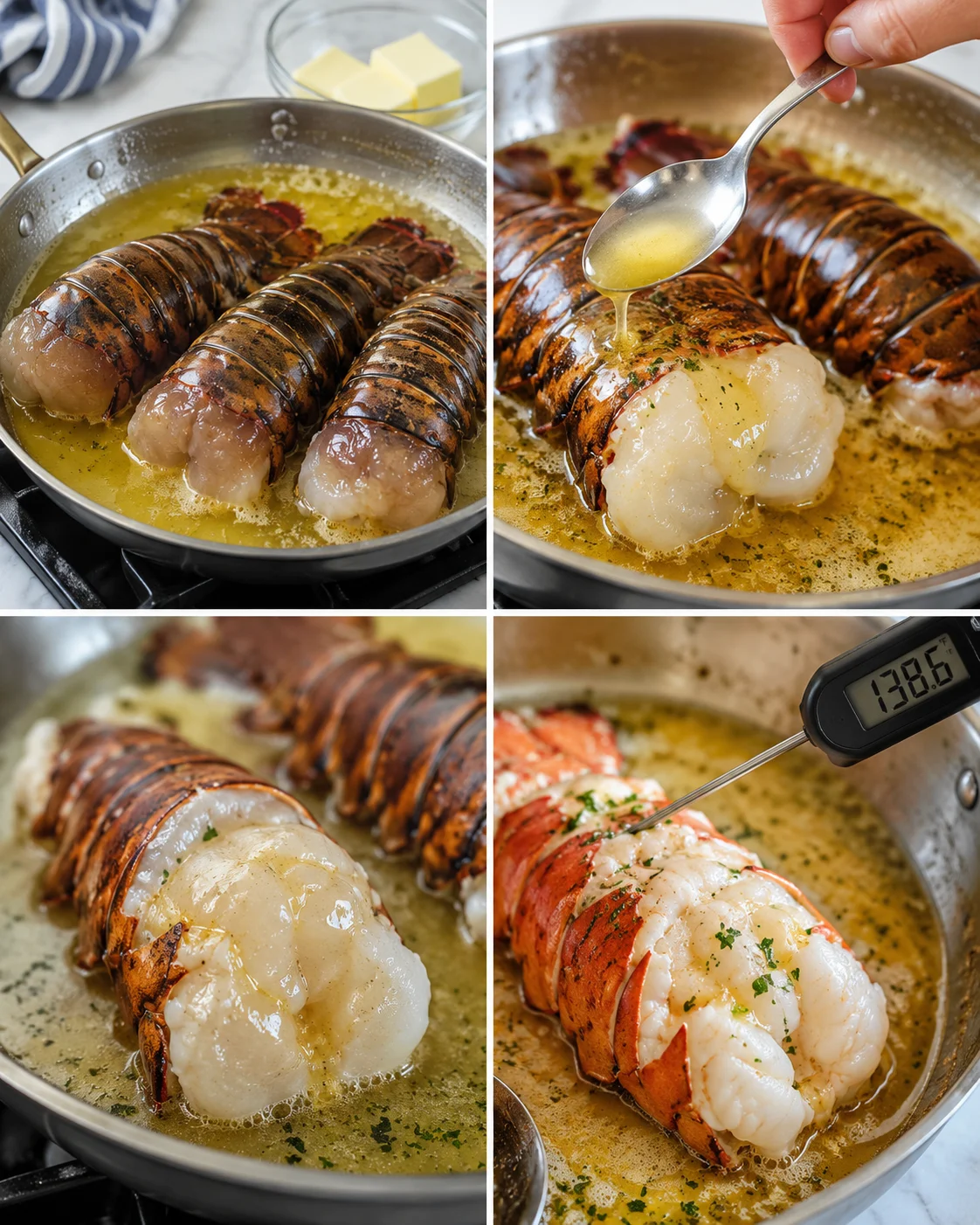 collage showing lobster tails cooking in butter in a skillet with a thermometer visible