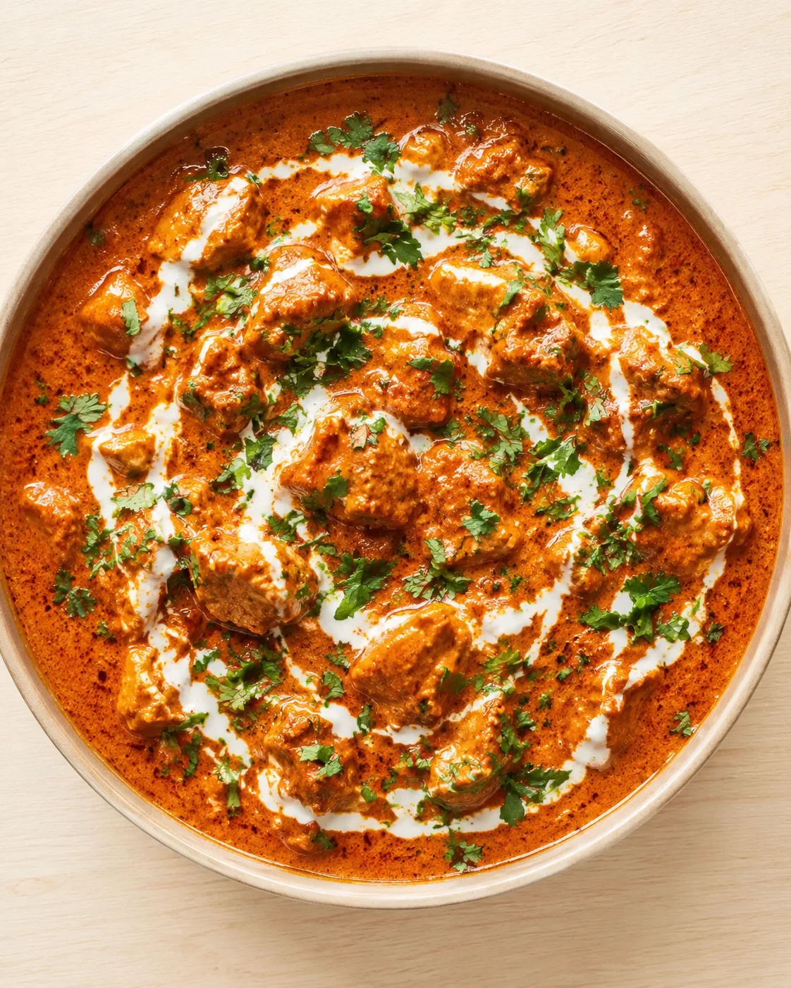 top-down view of creamy orange butter-chicken curry with white cream swirls and cilantro garnish