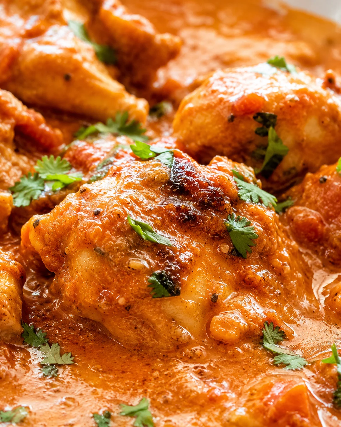 close-up of tender chicken pieces in rich orange butter chicken sauce, garnished with cilantro.