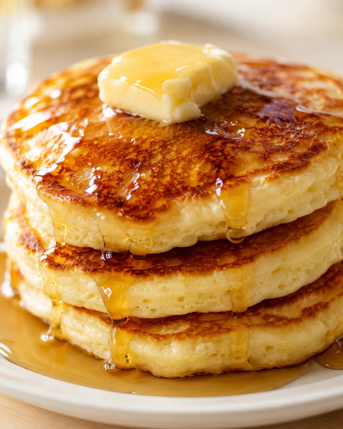 close-up of a tall stack of golden pancakes with melted butter and maple syrup.