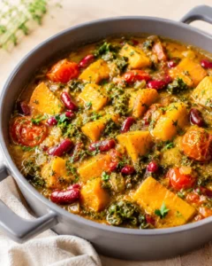 gray Dutch oven with a warm orange squash and kidney bean stew, greens, and tomatoes