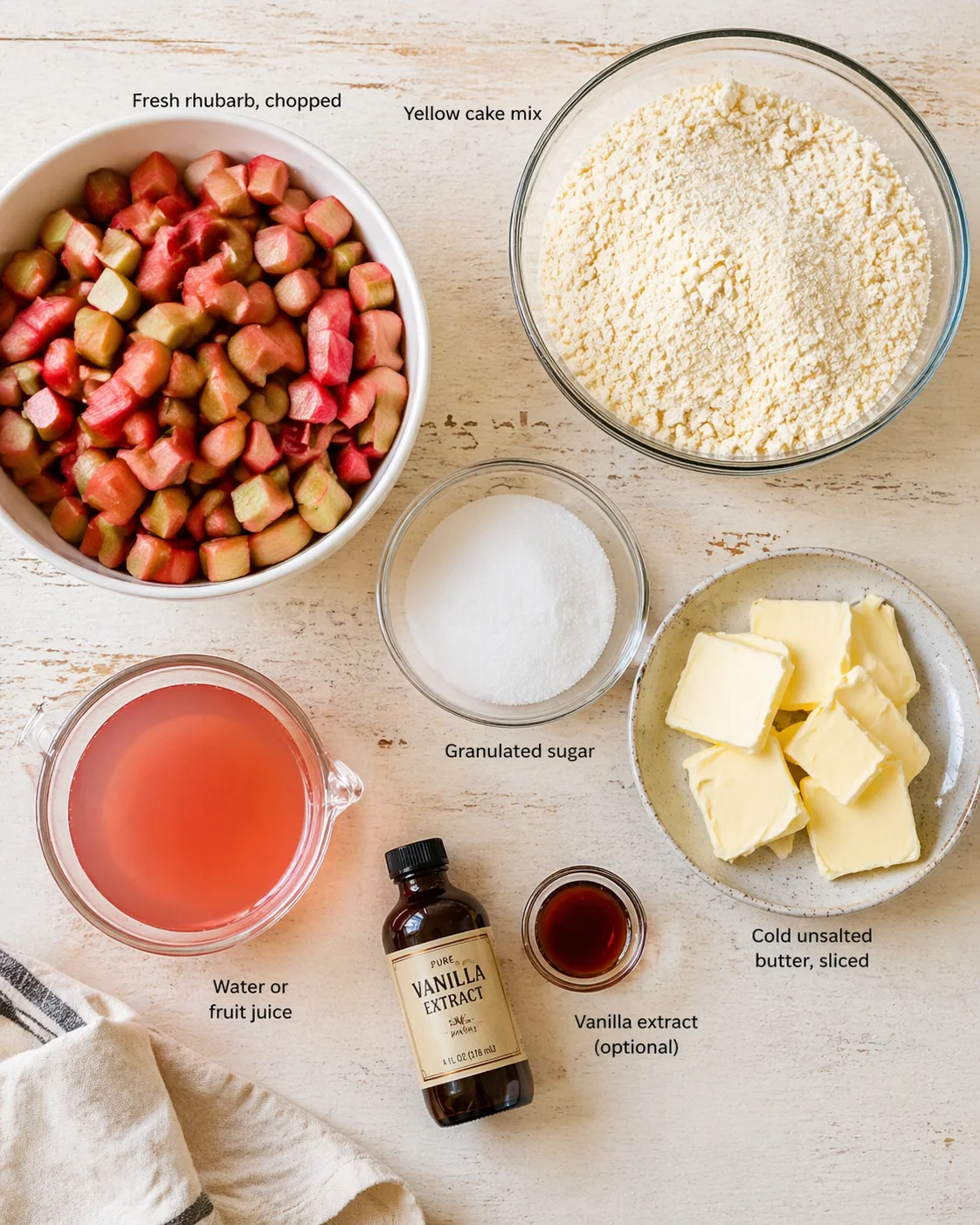 Measured ingredients arranged for Easy Rhubarb Dump Cake Recipe: Fresh rhubarb, chopped into consistent ½-inch pieces, Yellow cake mix (the classic kind works perfectly), Cold unsalted butter, sliced thin into pats, Gran